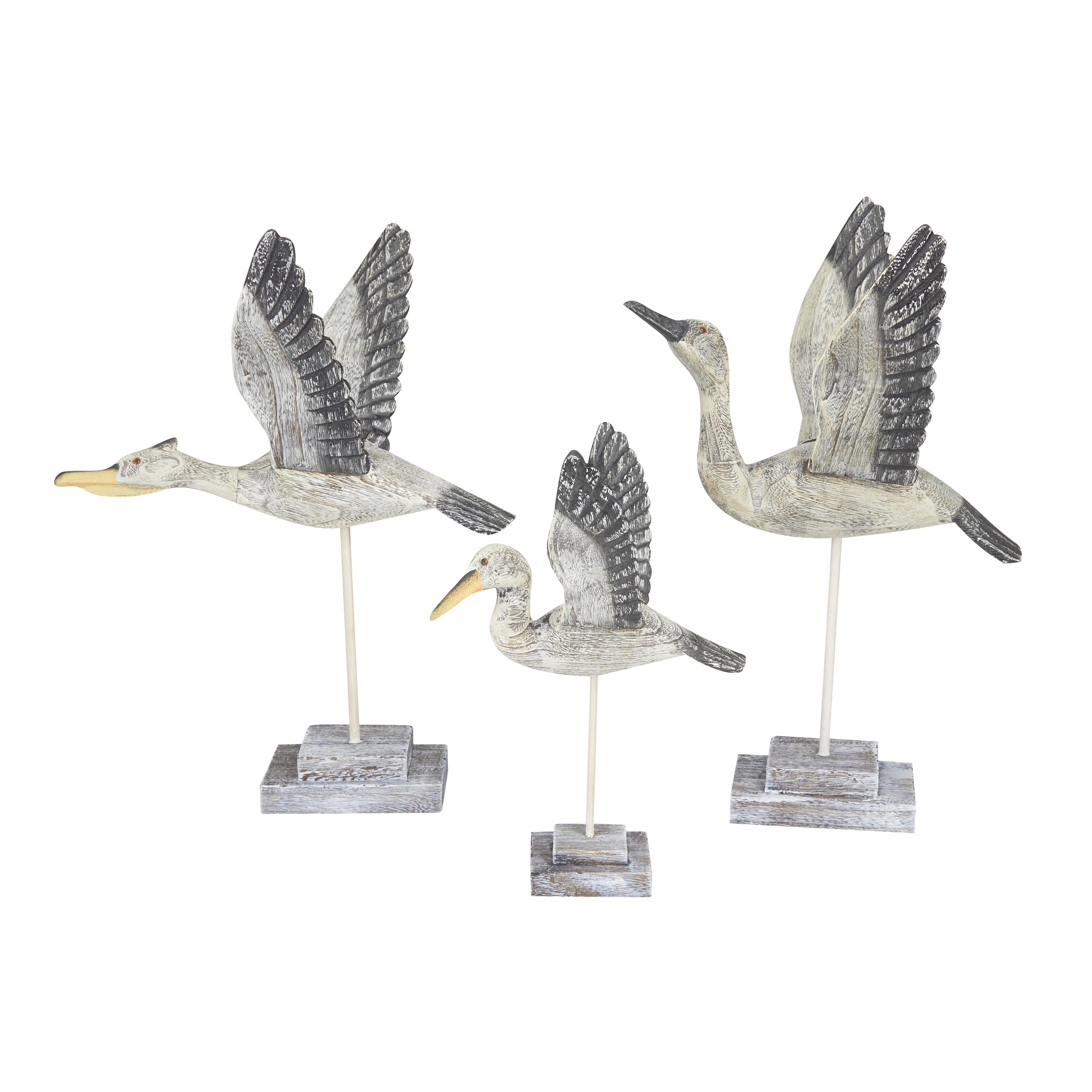 Gray Wood Bird Handmade Decorative Sculpture, Set of 3 18", 18", 13"H