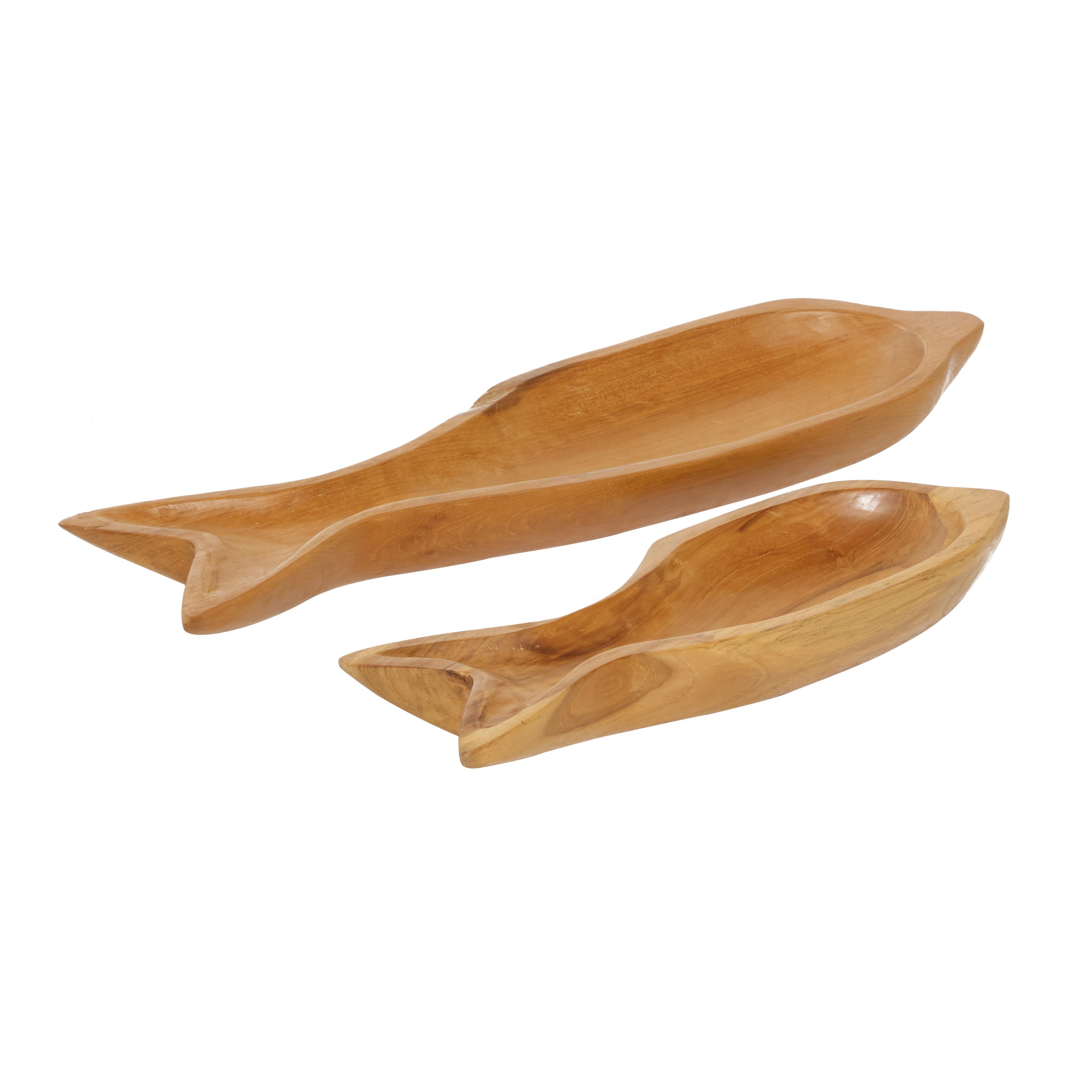 Brown Teak Wood Fish Handmade Living Room Decor Tray, Set of 2 24", 16"W