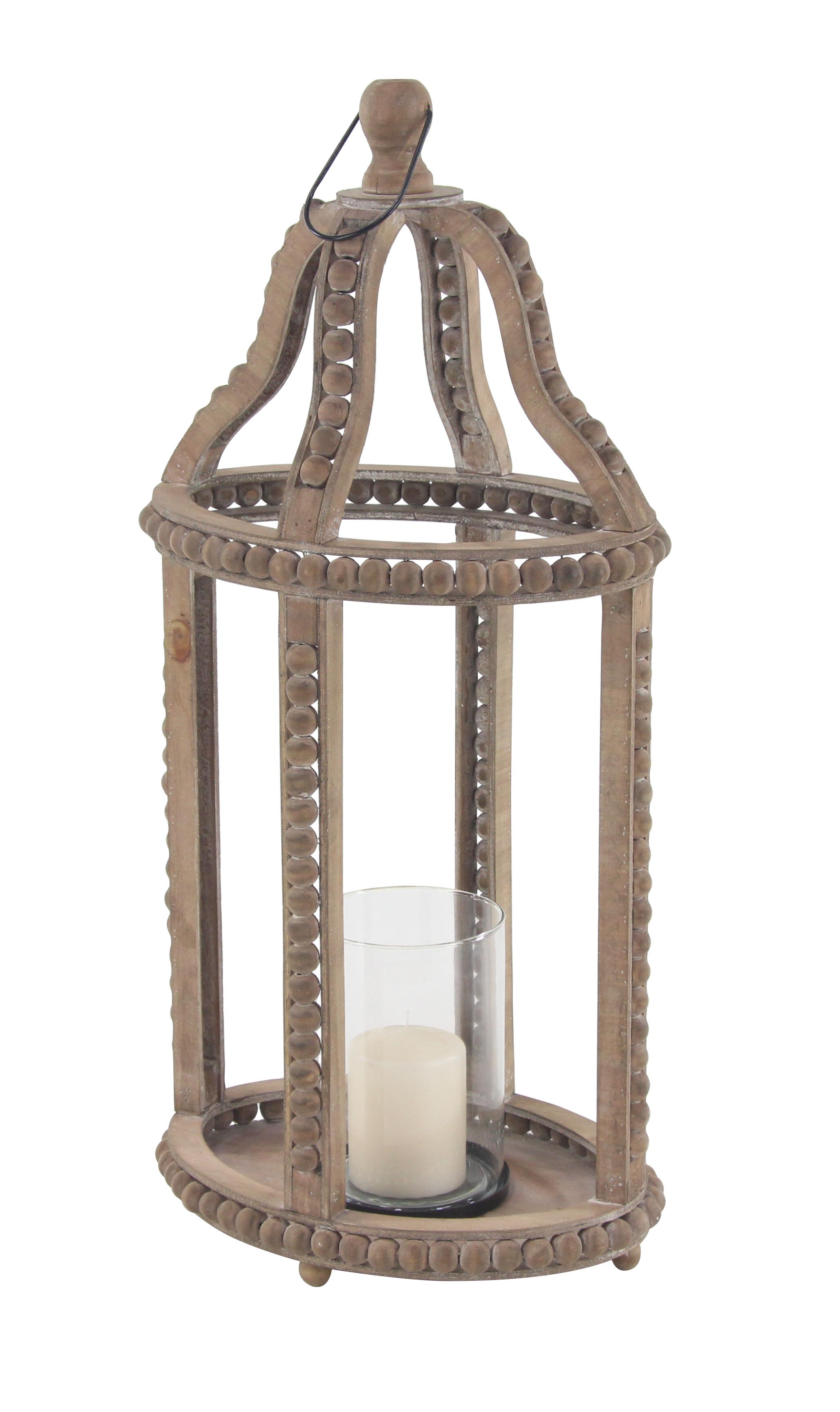 Brown Reclaimed Wood  Beaded Decorative Indoor Outdoor Candle Lantern, 13" x 10" x 29"