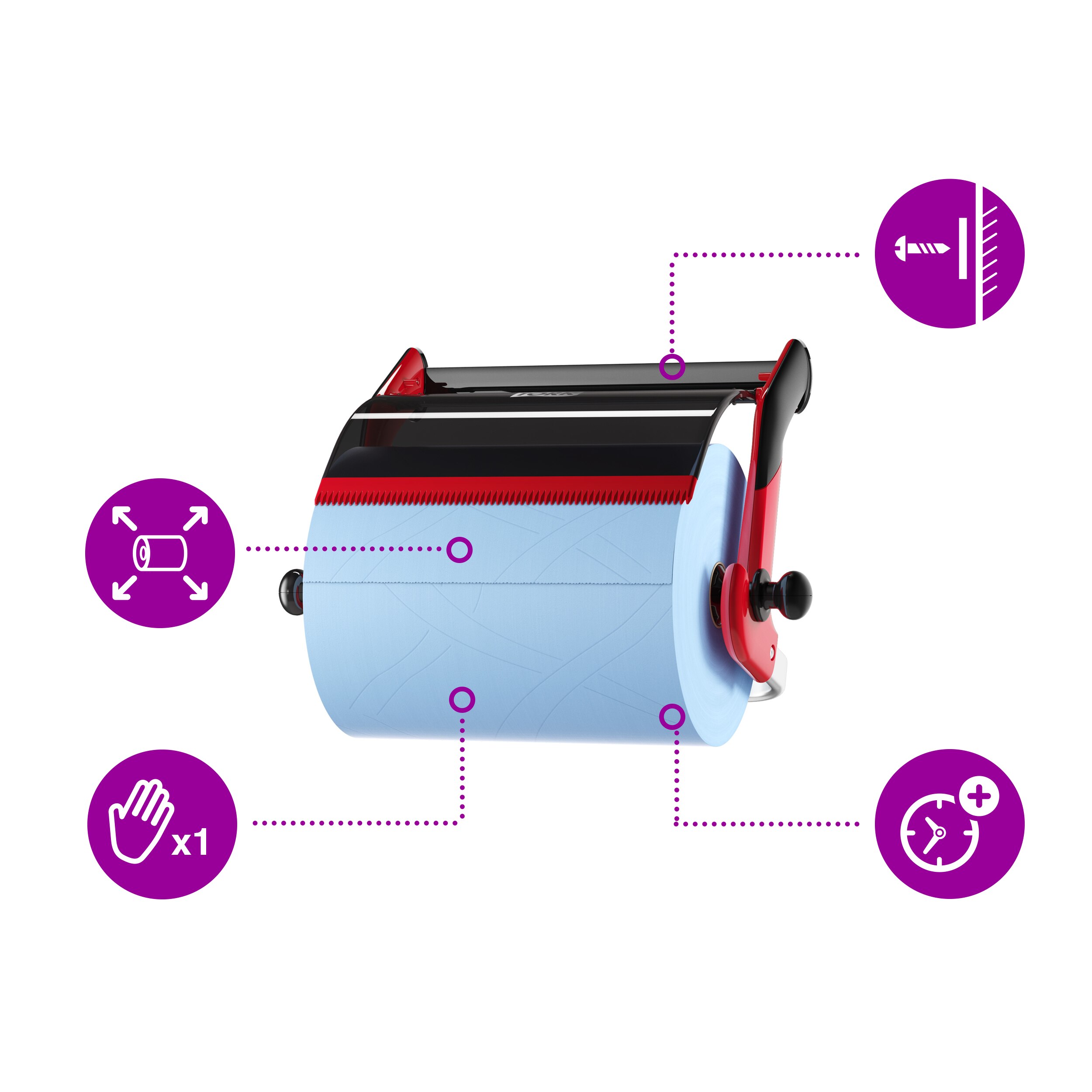 Stativ, Til aftørringsruller, Væg, Sort-rød, Tork W1