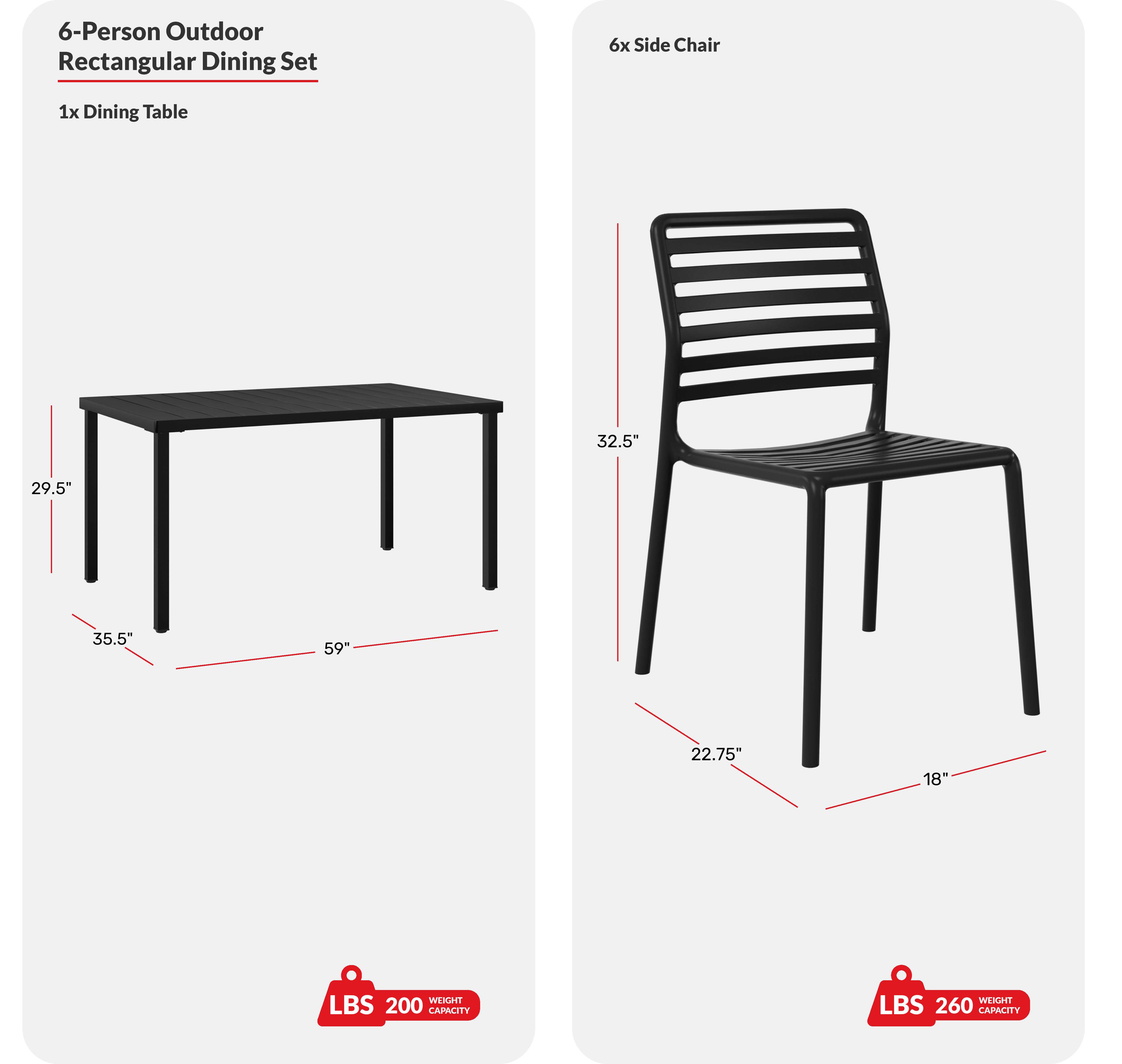7-Piece Metal Rectangular Patio Dining Table Set With Stackable Plastic Dining Chairs For 6COS Spec Image