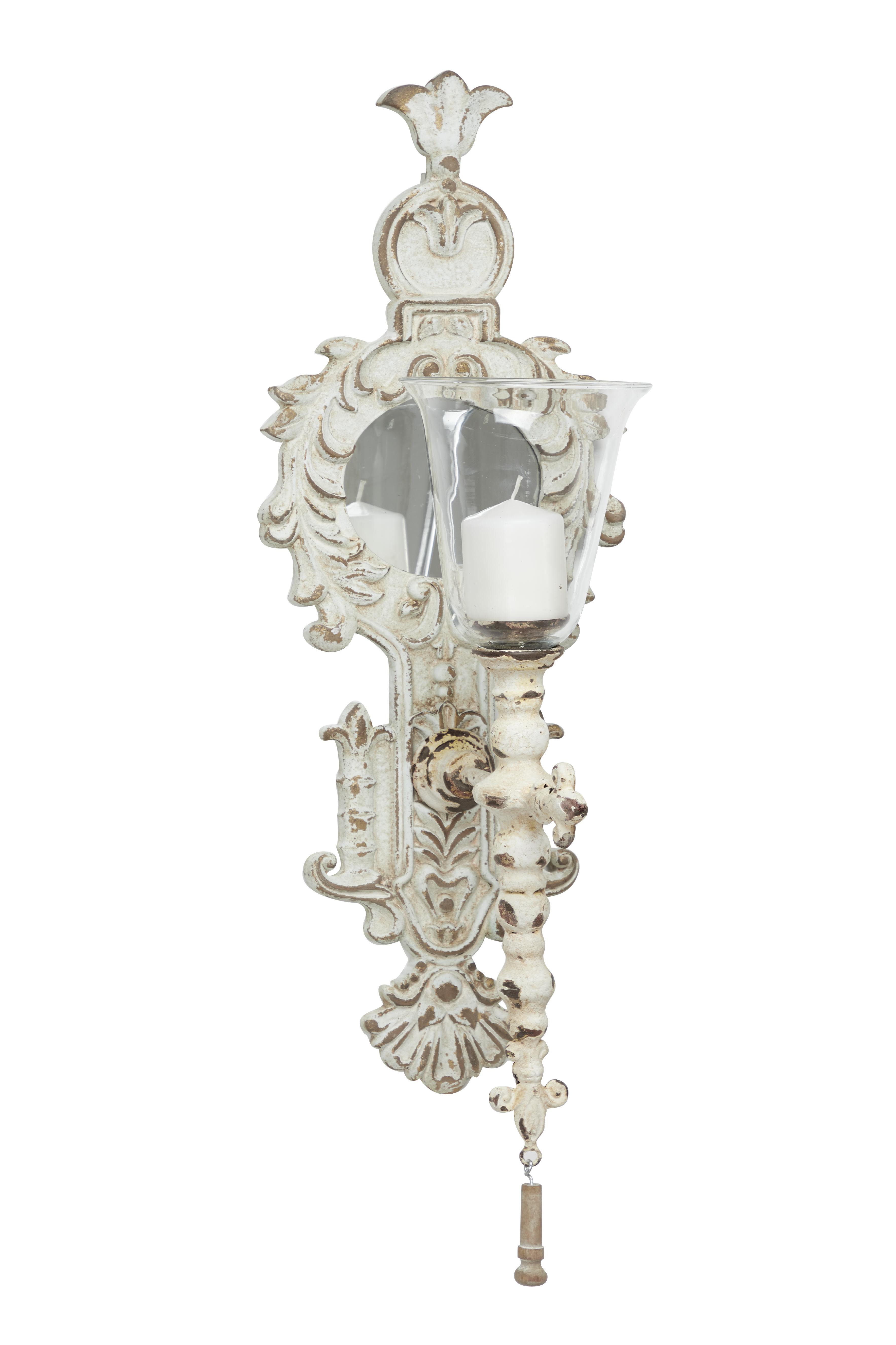 White Wood Vintage Candle Wall Sconce, 29" x 9" x 9"