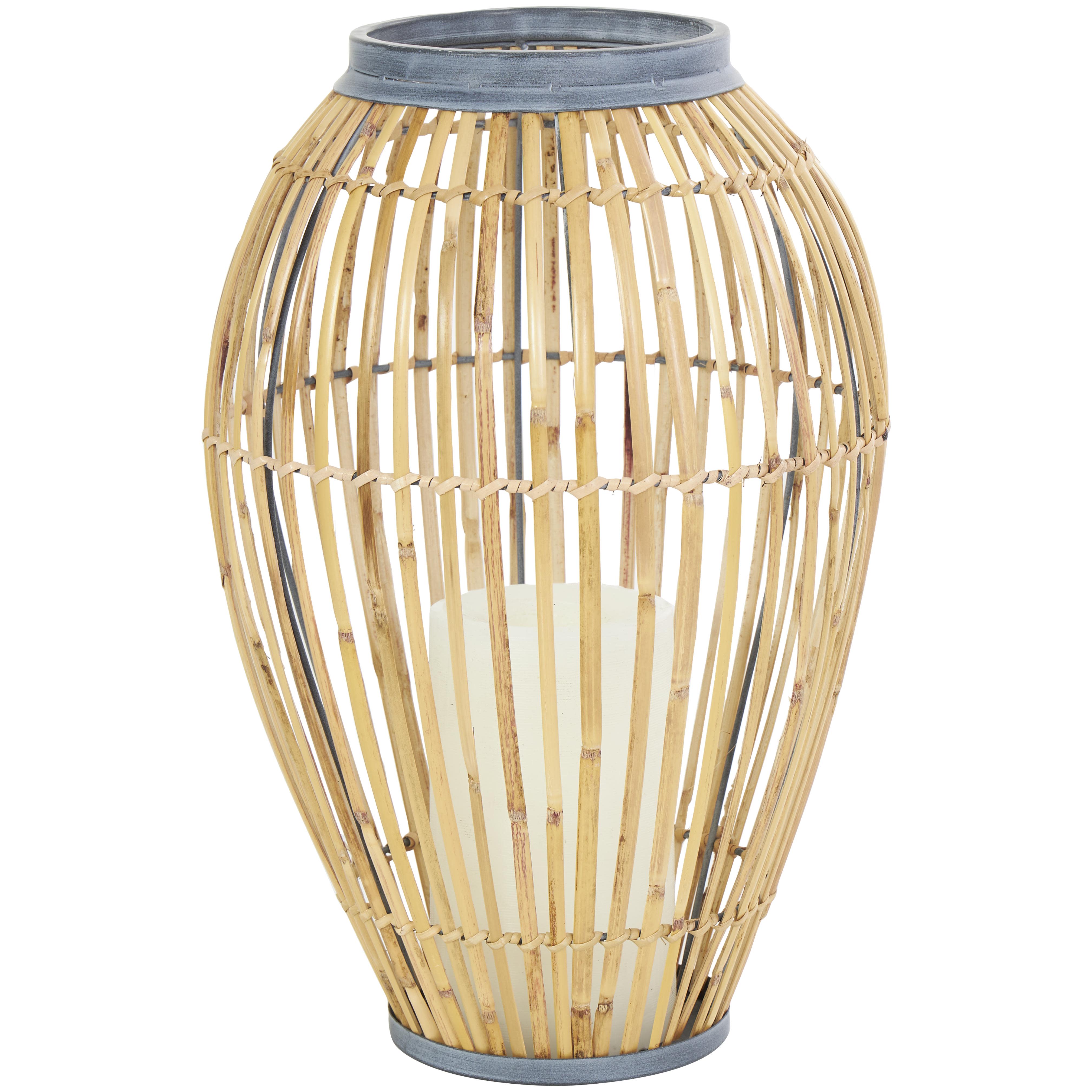 Brown Bamboo Wood  Handmade Open Frame Decorative Vase with Blue Metal Accents, 11" x 11" x 16"