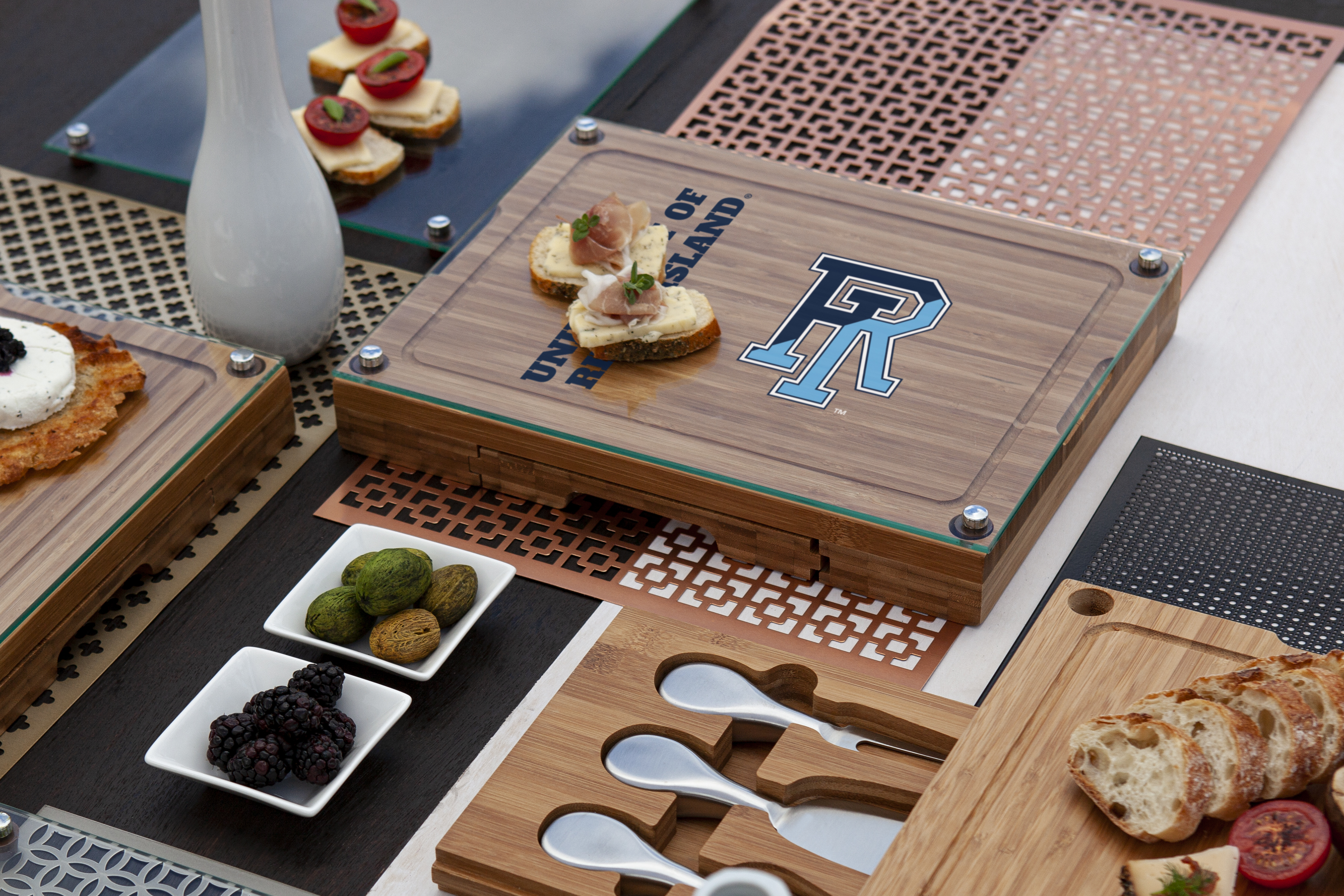 Rhode Island Rams - Concerto Glass Top Cheese Cutting Board & Tools Set