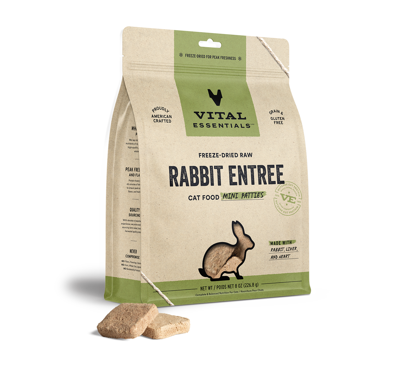 Vital Essentials Freeze-Dried Raw Rabbit Entree Cat Food Mini Patties, 8 oz - Healing/First Aid