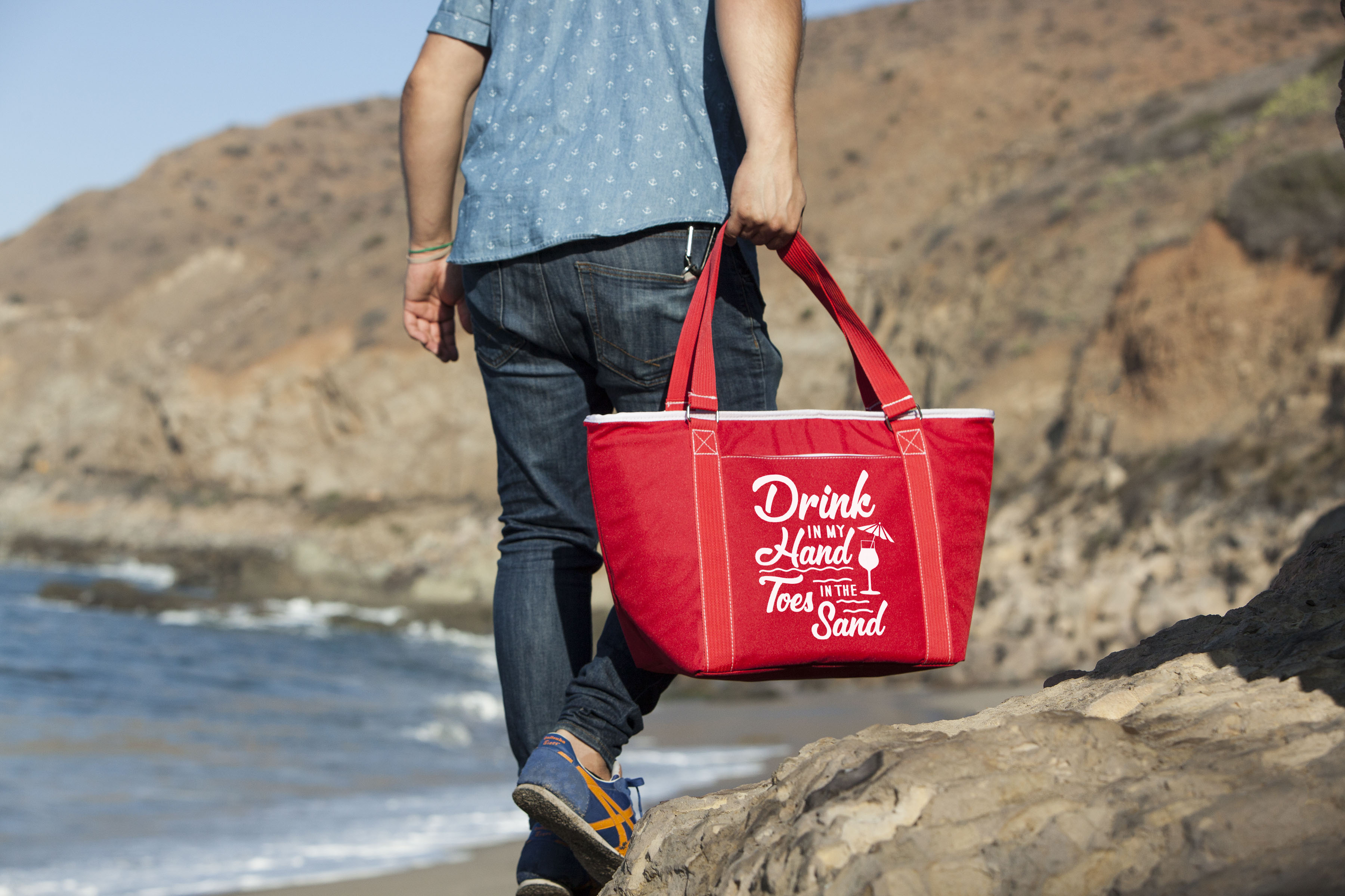 Beach Sayings Drink in my Hand Toes in the Sand - Topanga Cooler Tote Bag