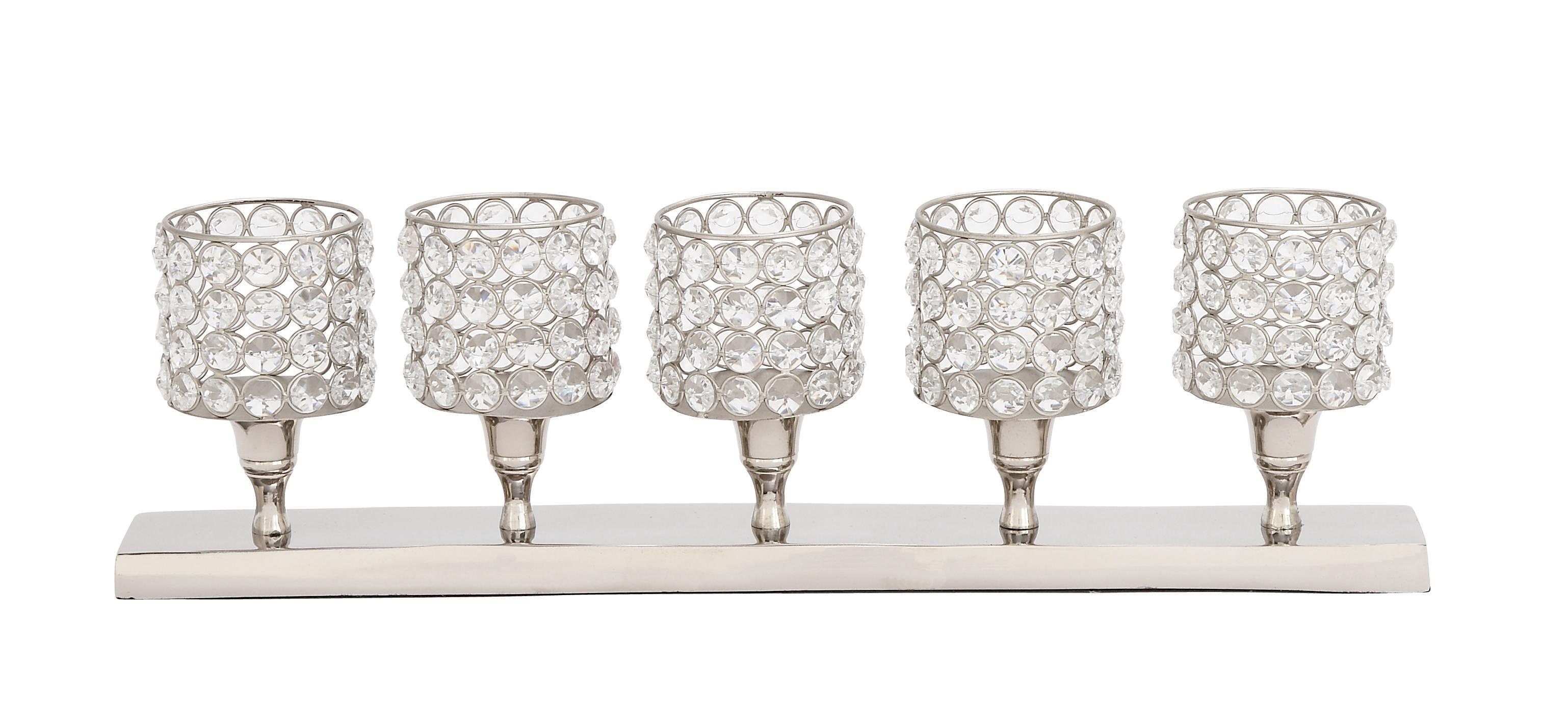 Silver Aluminum Metal  Pillar 5 Crystal Sleeve Decorative Candelabra, 21" x 3" x 6"