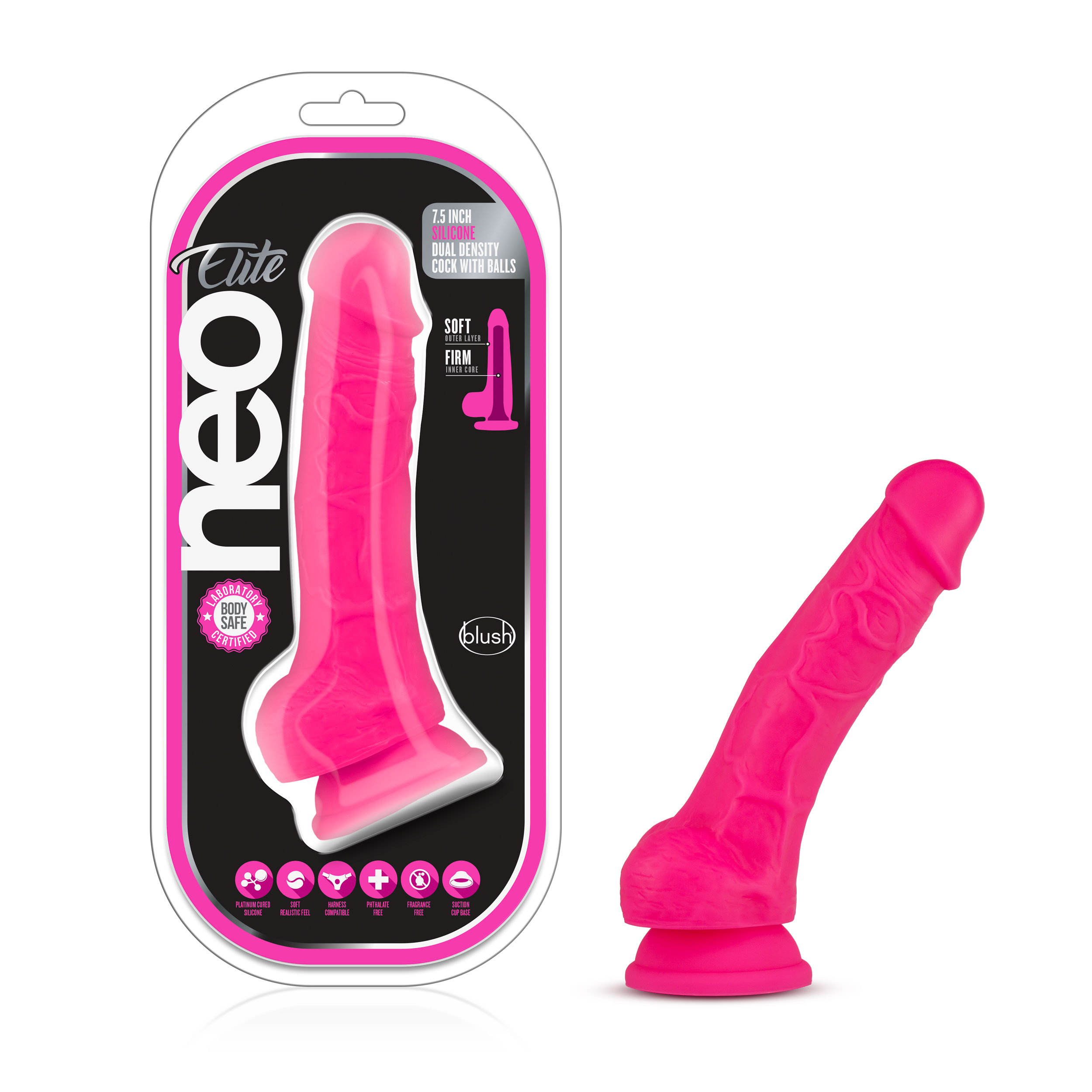 Blush Neo Elite? / Neon Pink: 7.5-Inch Long Dildo - Made with Purio? Silicone & SensaFeel? Dual Density Realistic Technology