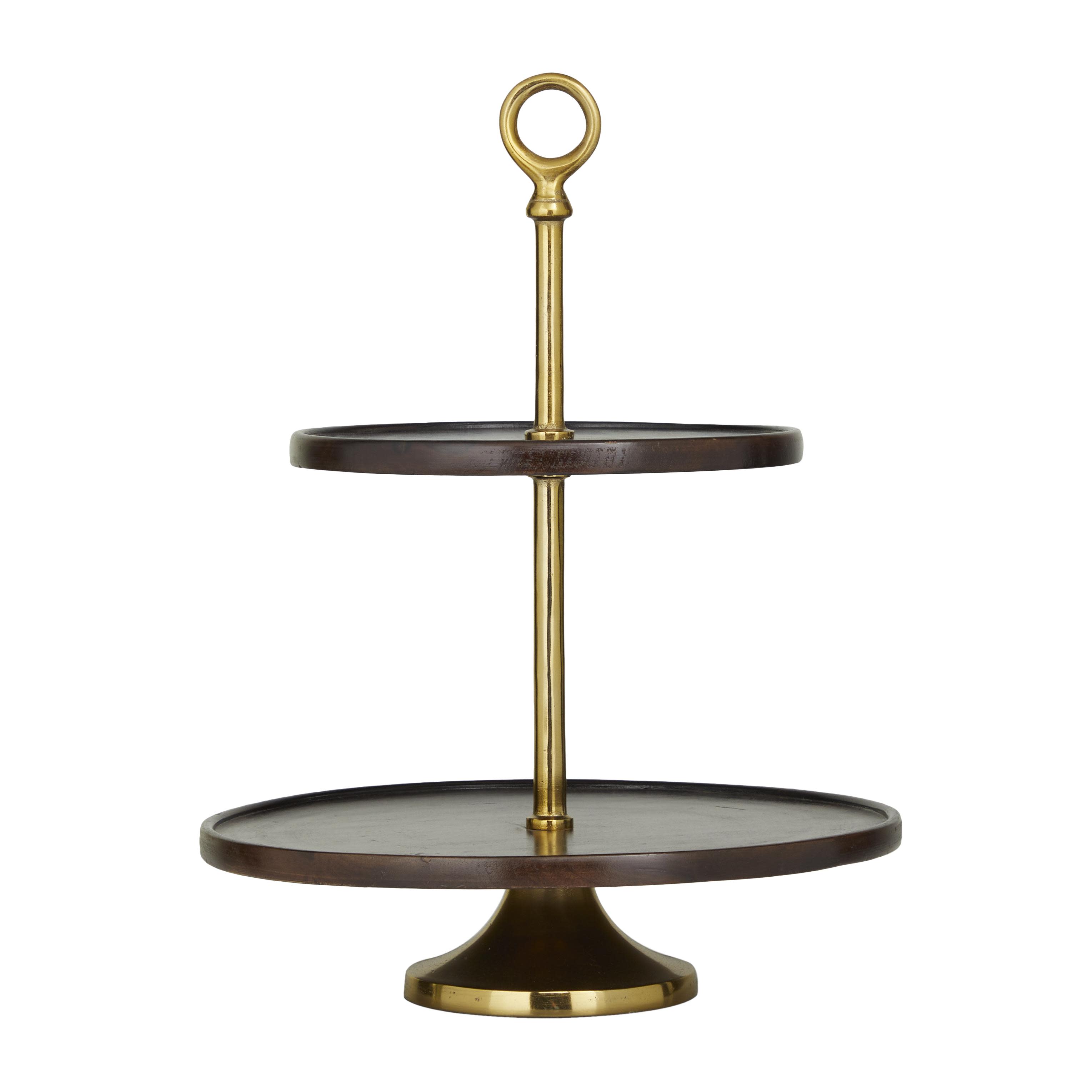 Dark Brown Mango Wood  2 Level Tiered Server with Gold Aluminum Base, 14" x 14" x 18"