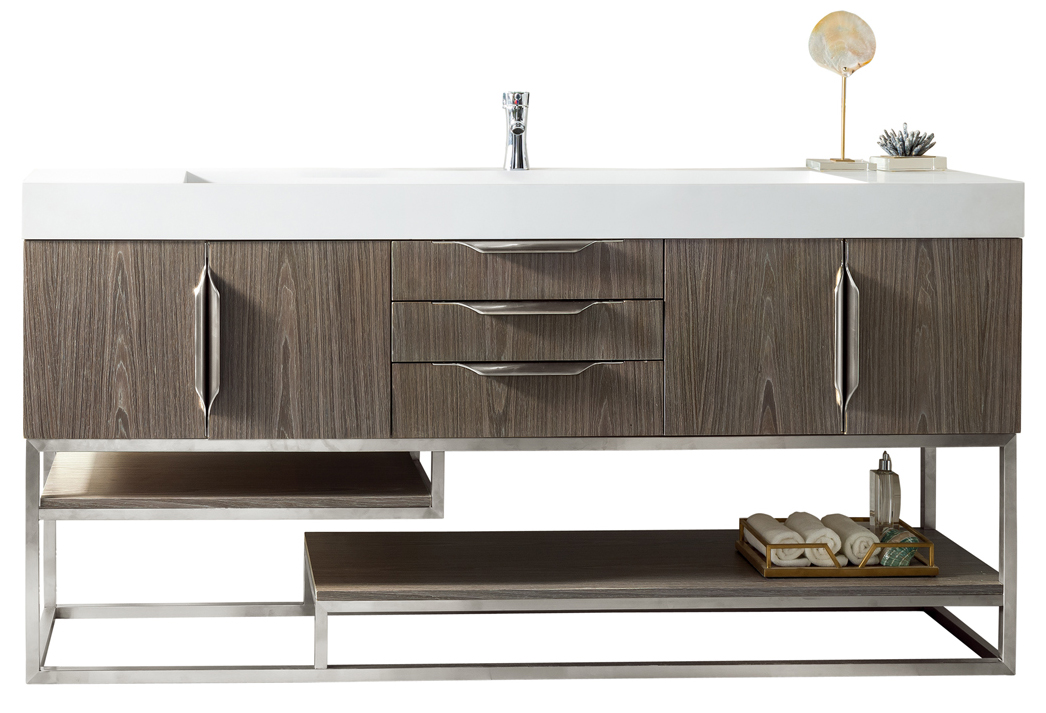 James Martin Columbia 72" Single Vanity, Ash Gray w/ Glossy White Composite Stone Top and Stand Finish Options