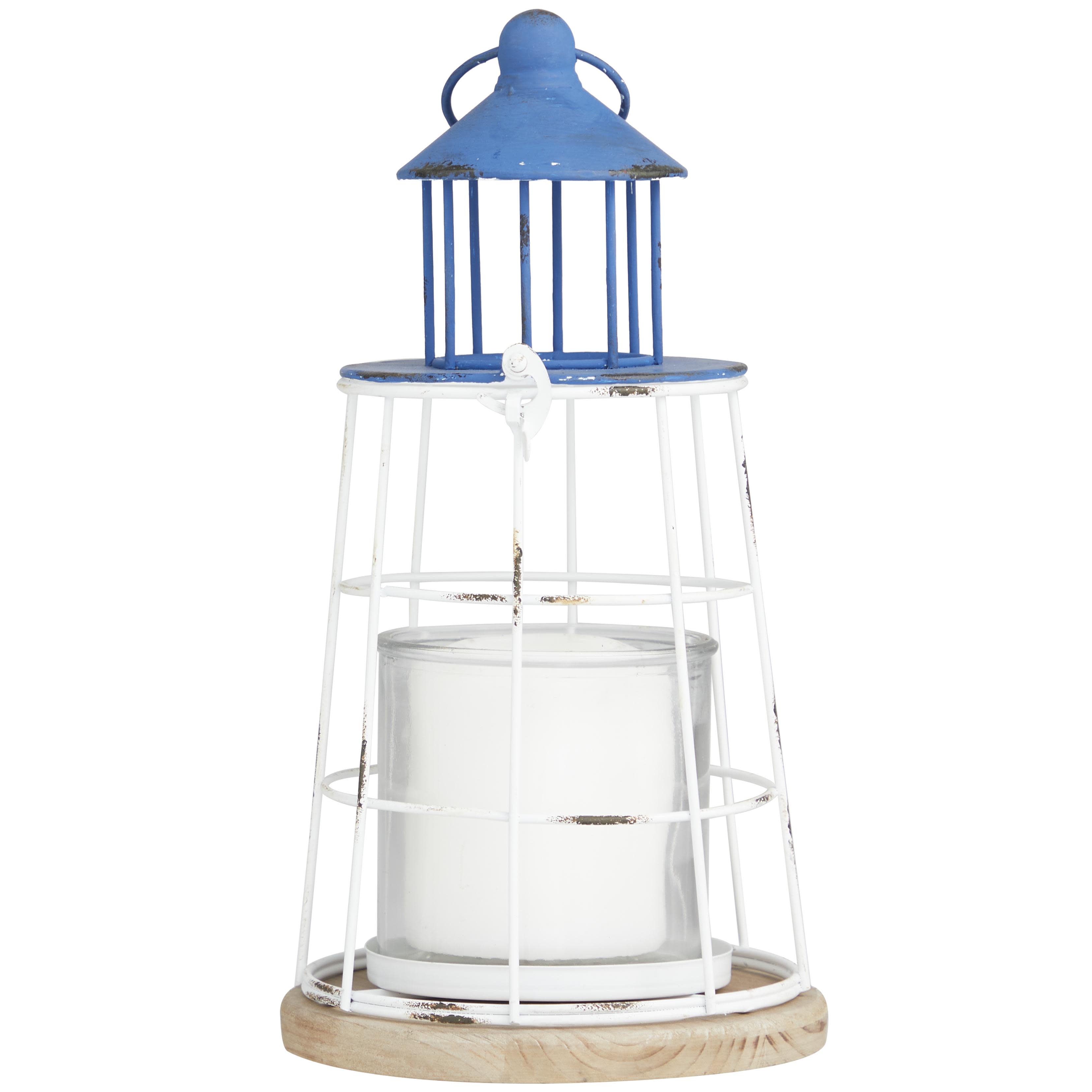 Blue Metal Light House Distressed Decorative Indoor Outdoor Candle Lantern with White Frame and Brown Wood Base, 6" x 6" x 12"
