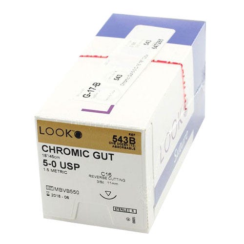 Chromic Gut Sutures, 5-0, C-16, Reverse Cutting, 18" - 12/Box