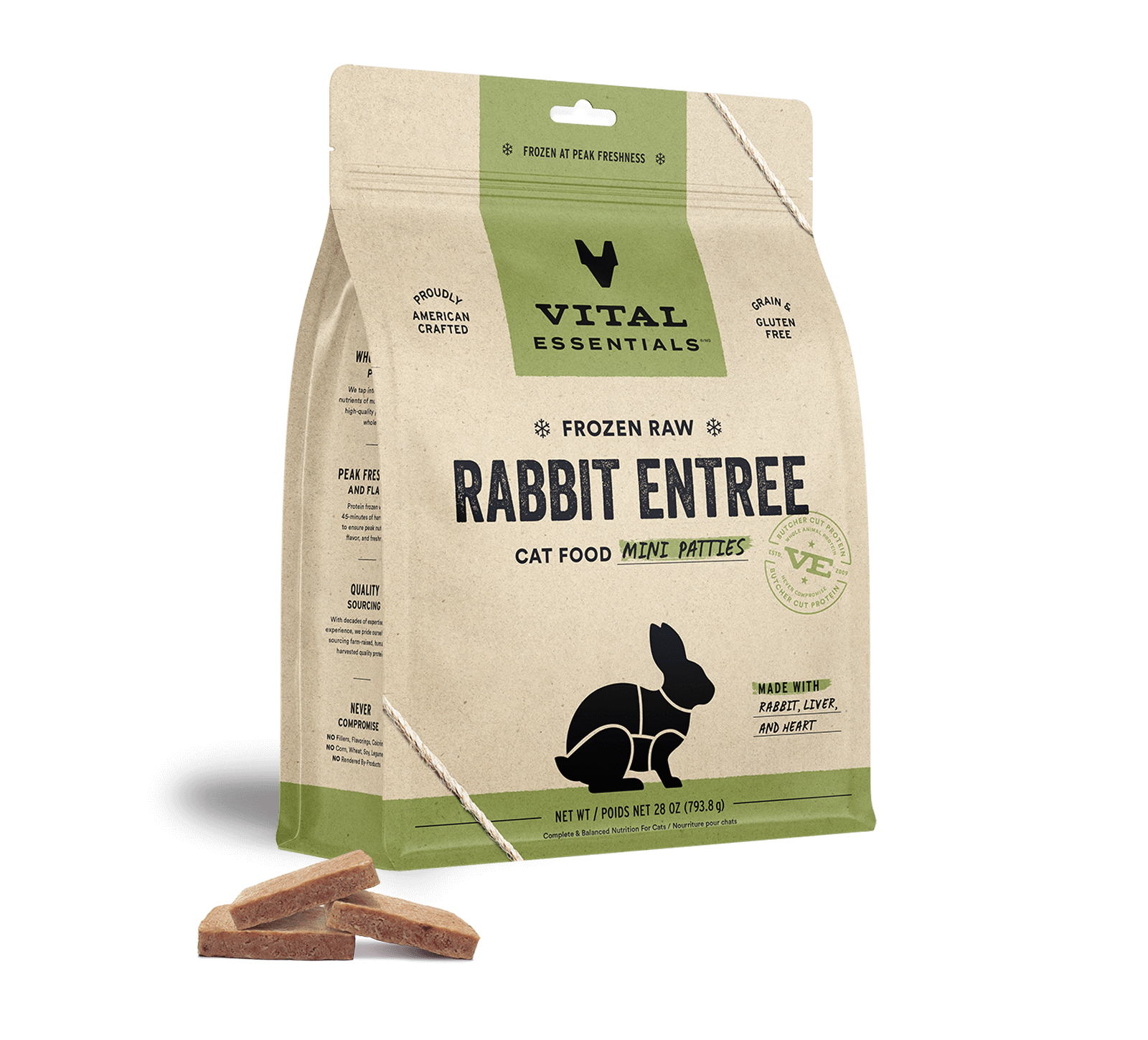 Vital Essentials Frozen Raw Rabbit EntrÃ©e Mini Patties Cat Food, 28 oz - Healing/First Aid