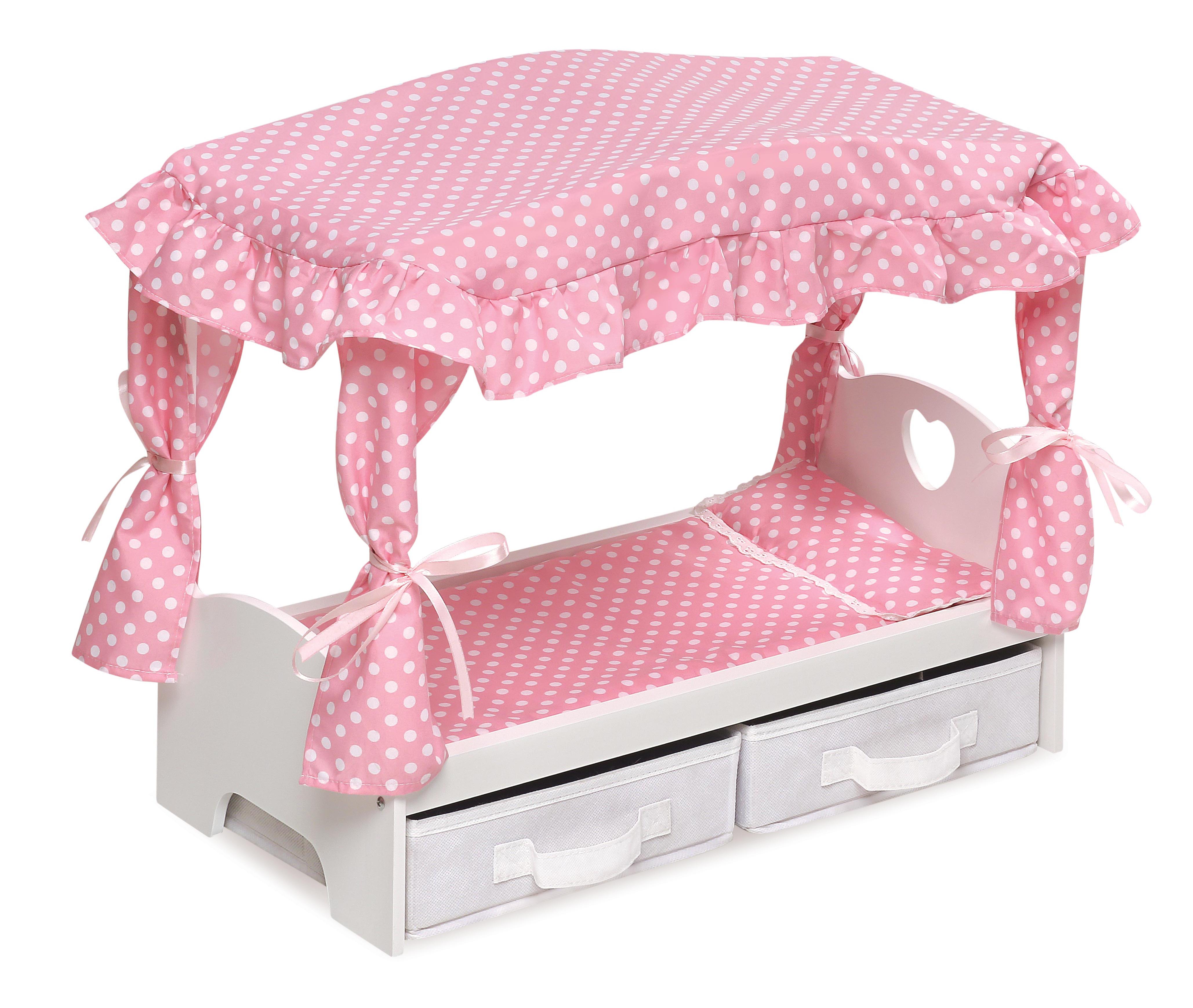 Canopy Doll Bed with Two Storage Baskets - Pink/Polka Dot