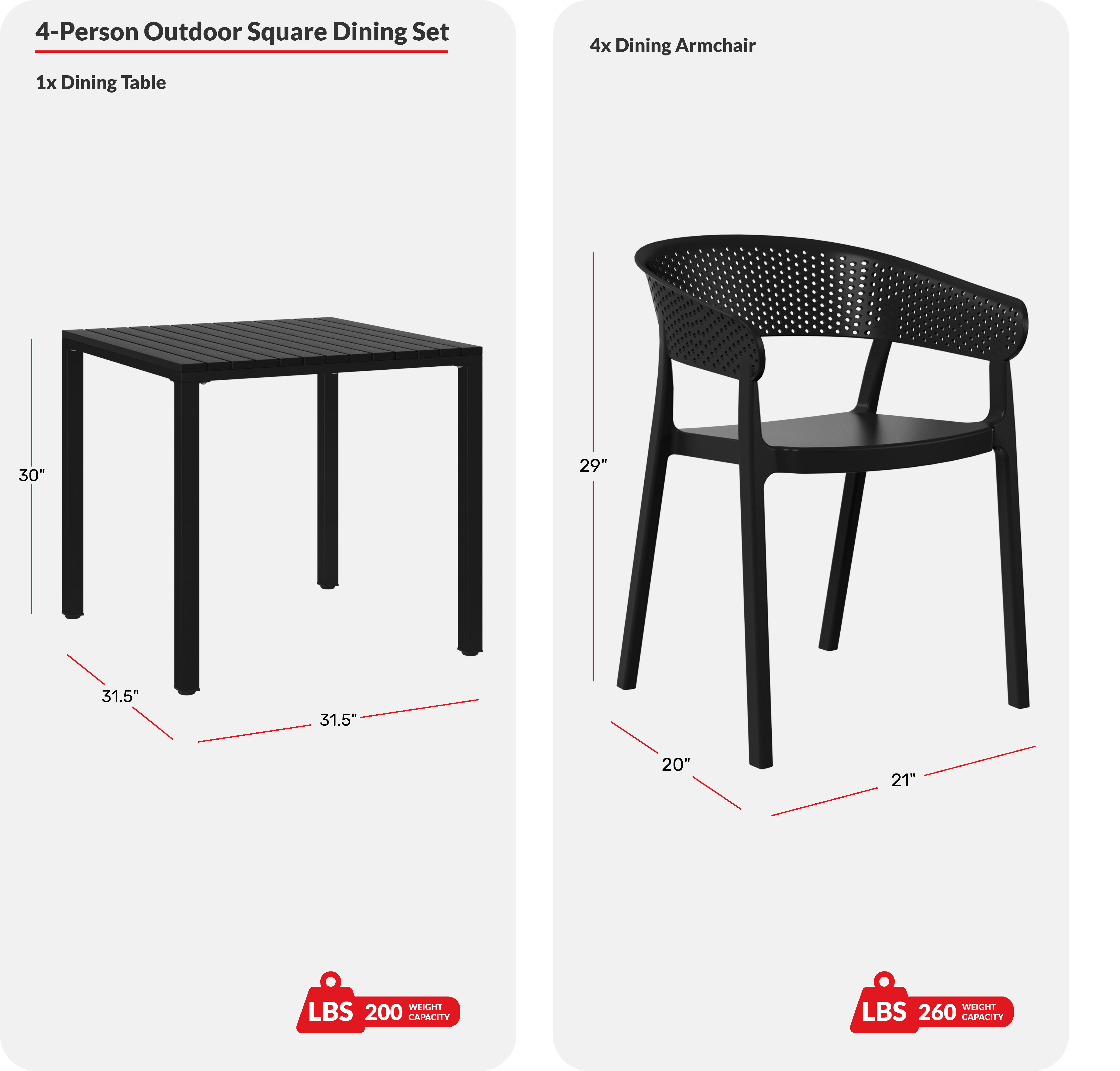 5-Piece Outdoor Metal Frame Square Dining Table Patio Set with Stackable Patio Dining ChairsCOS Spec Image