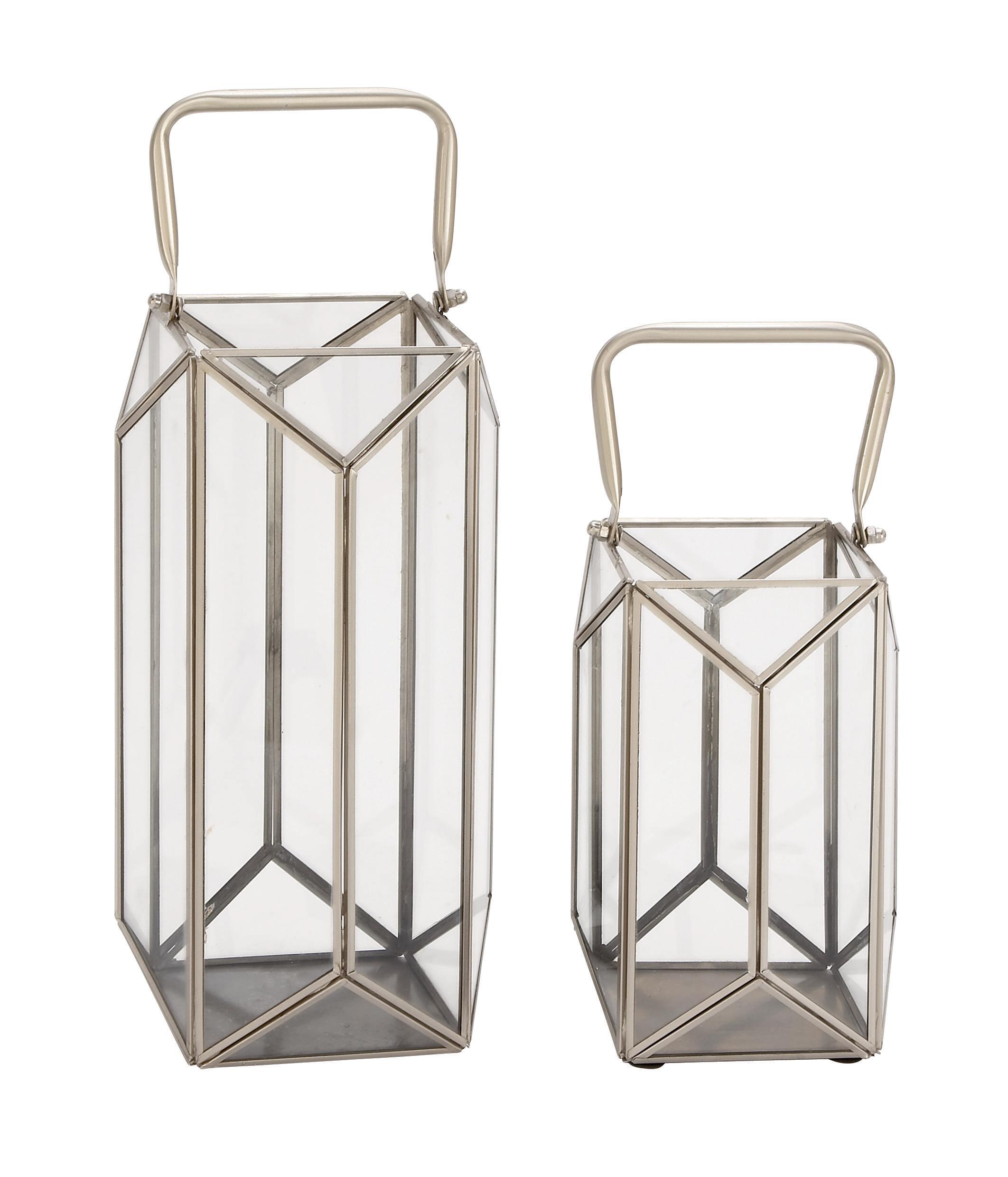 Silver Glass  Decorative Candle Lantern with Handle, Set of 2 12", 16"H