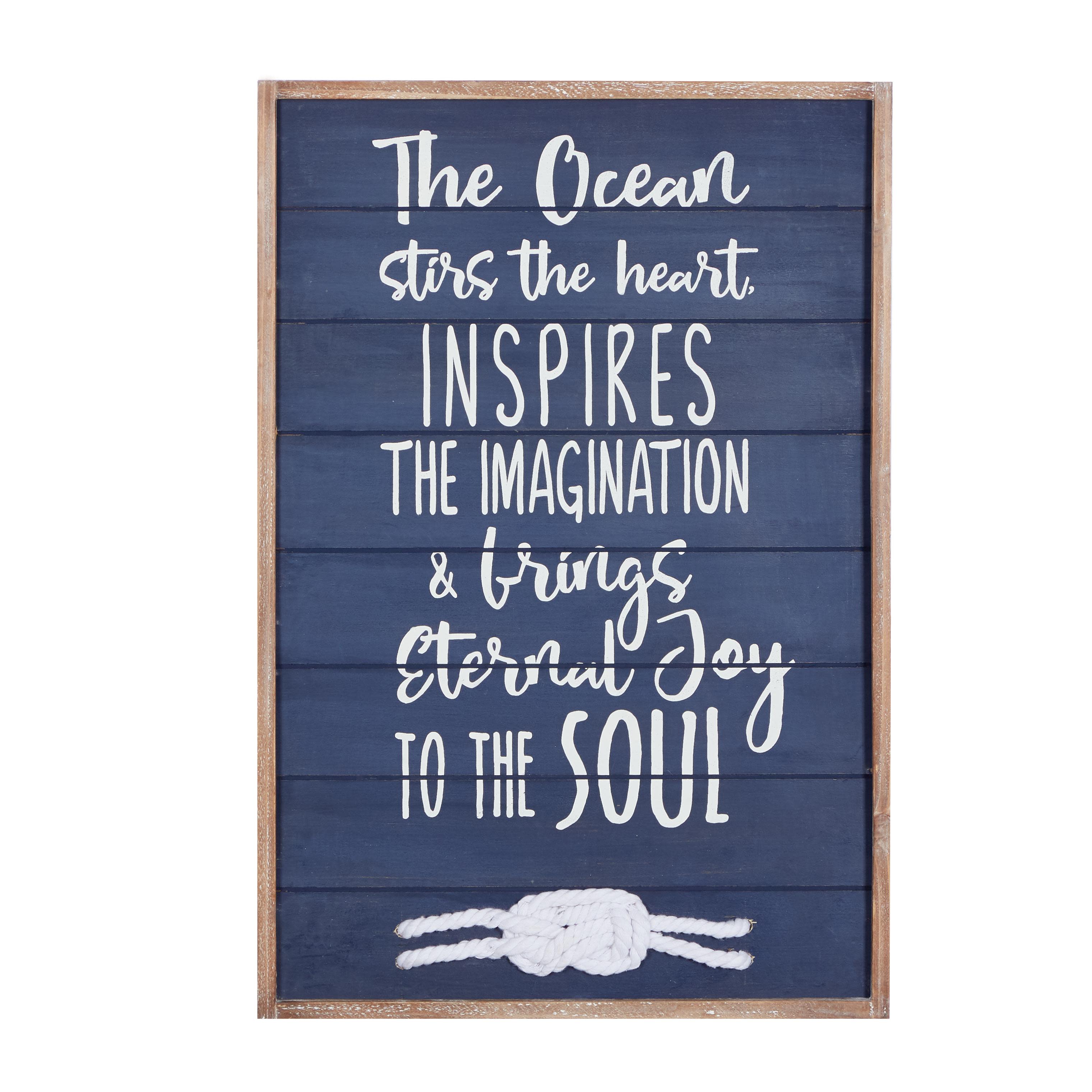 Blue Wood Sign Ocean Home Wall Decor with Knotted Ropes, 16" x 2" x 24"