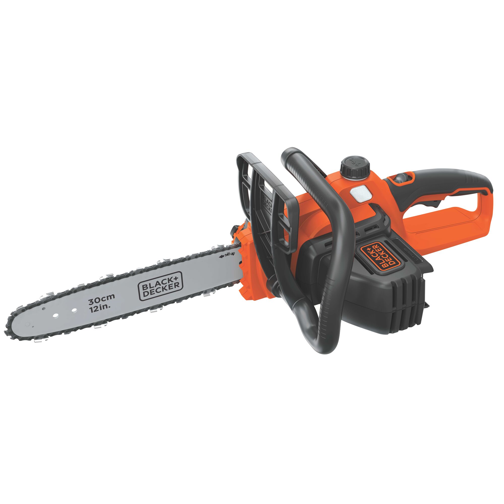 Profile of 40 volt max lithium 12 inch chainsaw battery and charger not included.