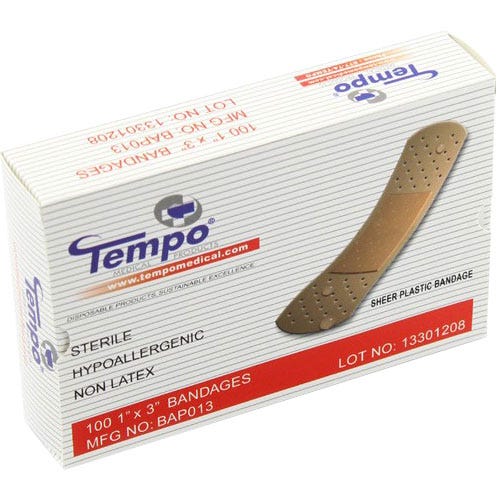 Plastic Strip Bandage, 1" x 3", Non Latex, Sterile - 100/Box