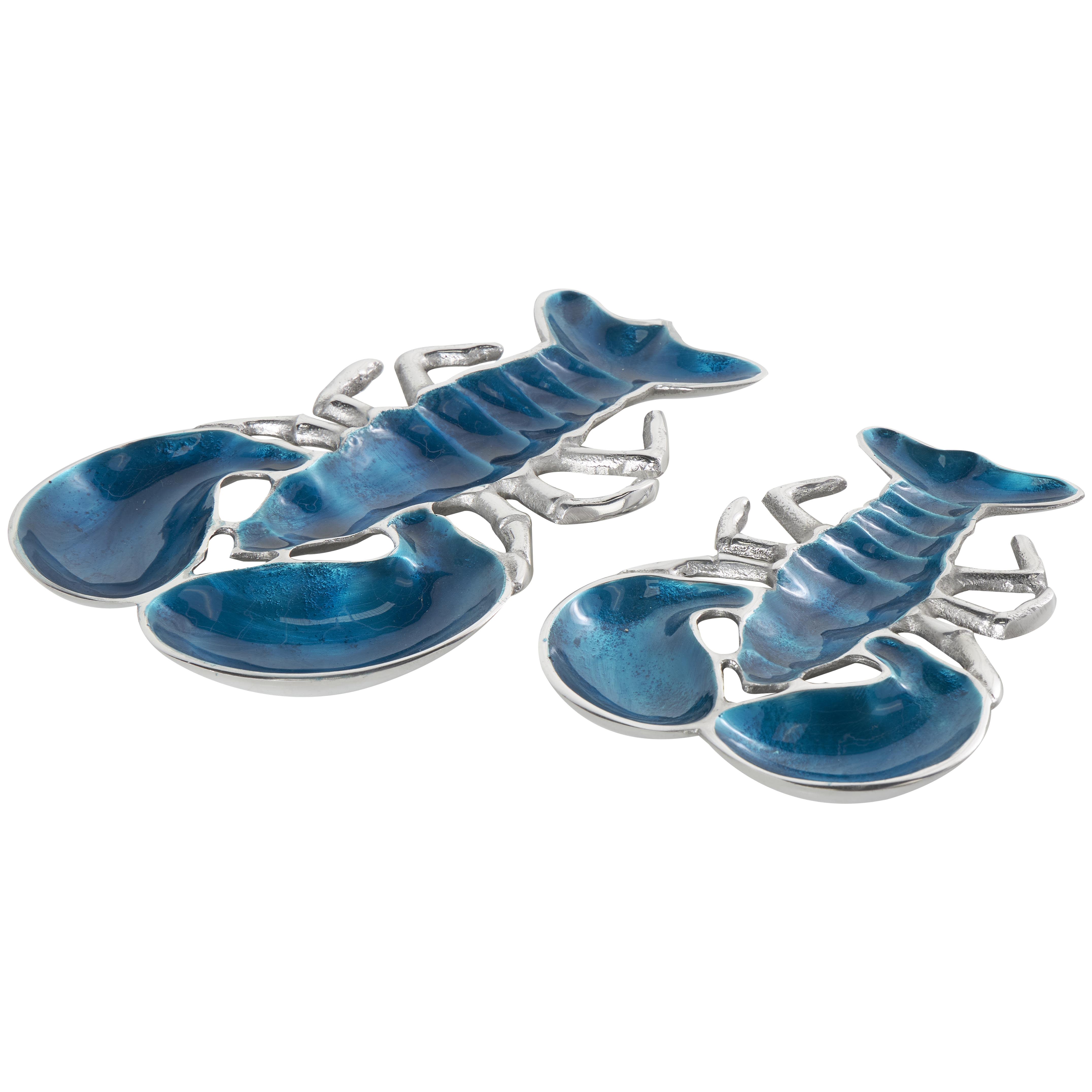 Blue Aluminum Metal Lobster Enameled Living Room Decor Tray with Silver Metal Exterior, Set of 2 11", 9"W