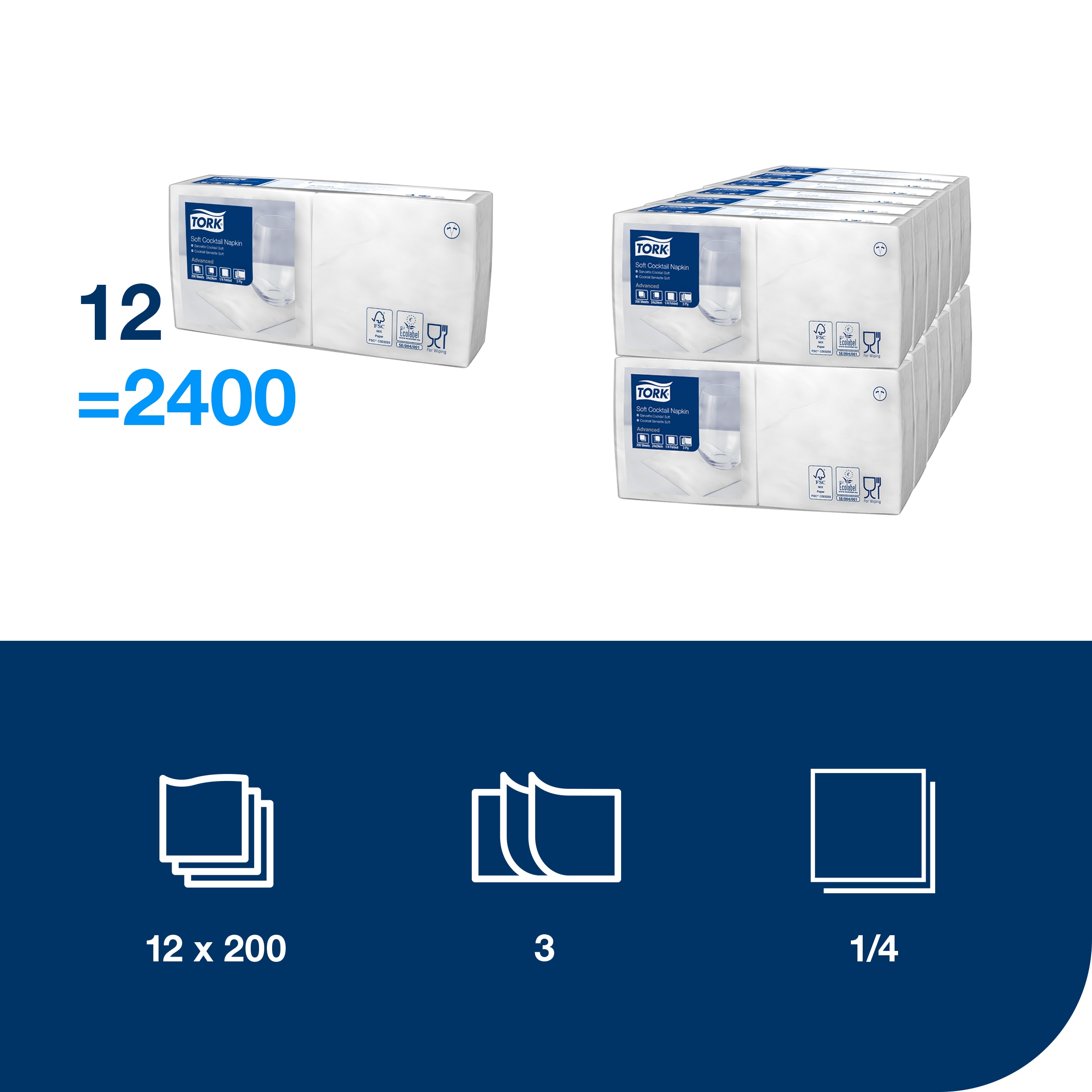 Servietter, 3 lag, Hvid, 24x24 cm, 2400 stk, Tork Advanced