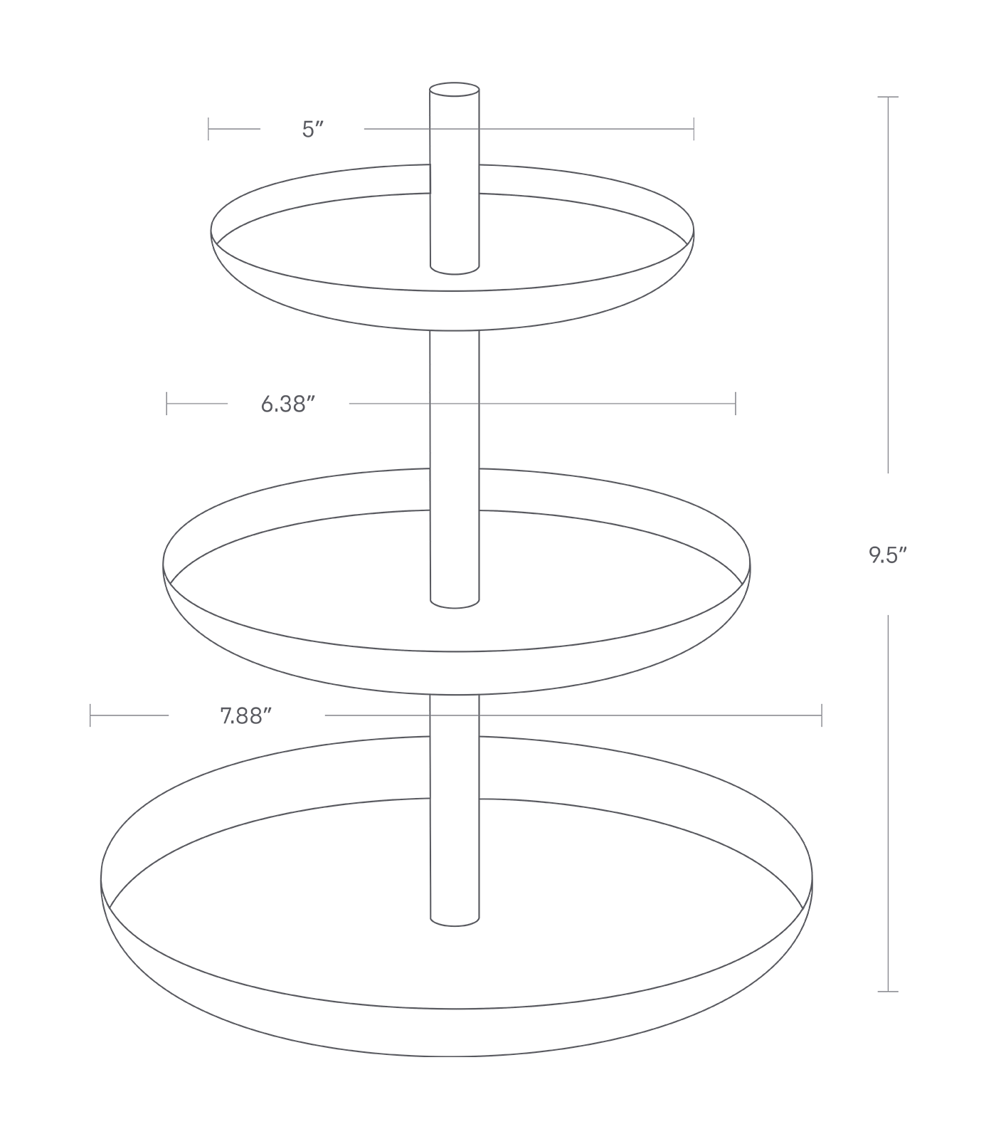 Dimension image for Serving Stand with a total height of 9.5", top tier width of 5", middle tier width of 6.38", and bottom tier width of 7.88".