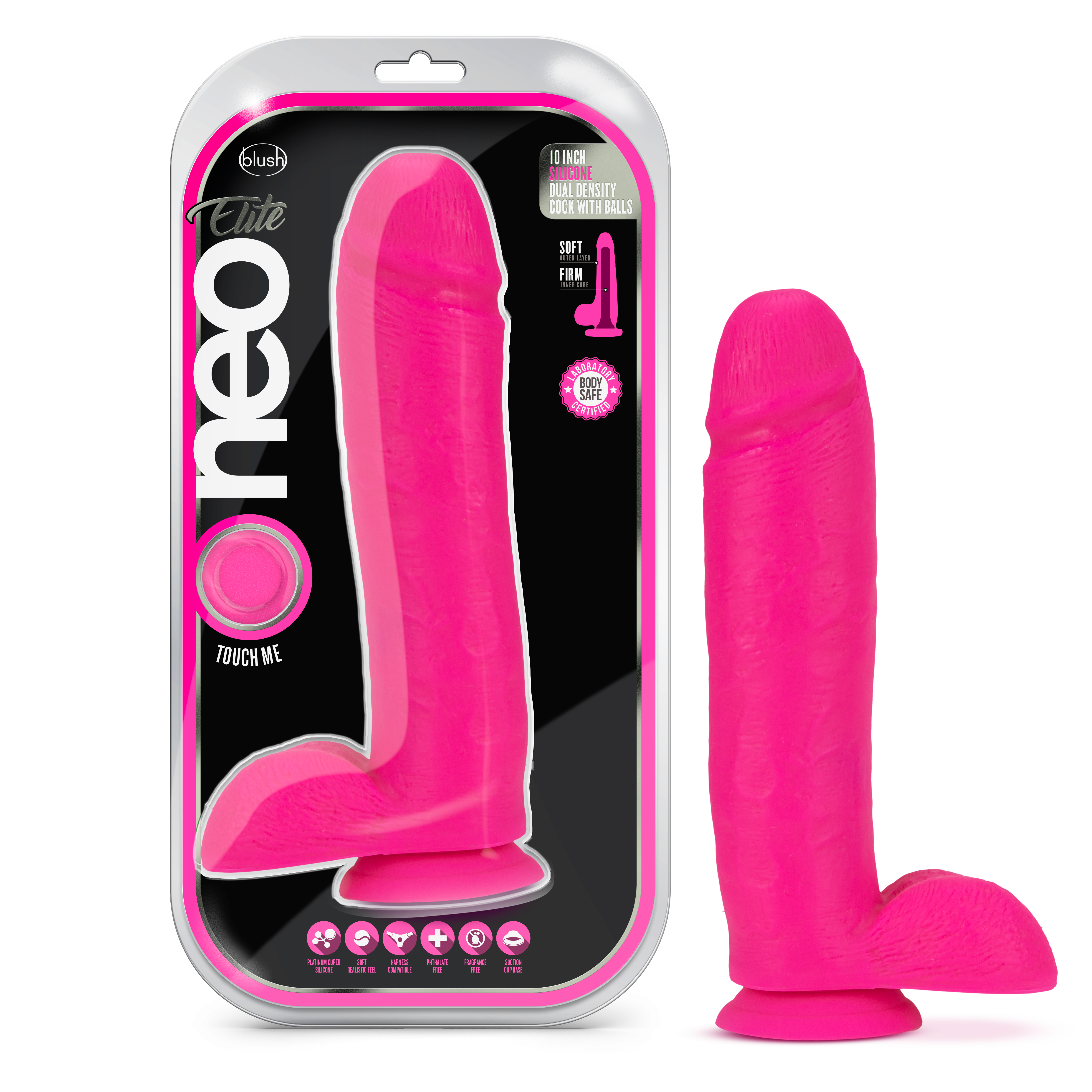 Blush Neo Elite? / Neon Pink: 10.5-Inch Long Dildo - Made with Purio? Silicone & SensaFeel? Dual Density Realistic Technology