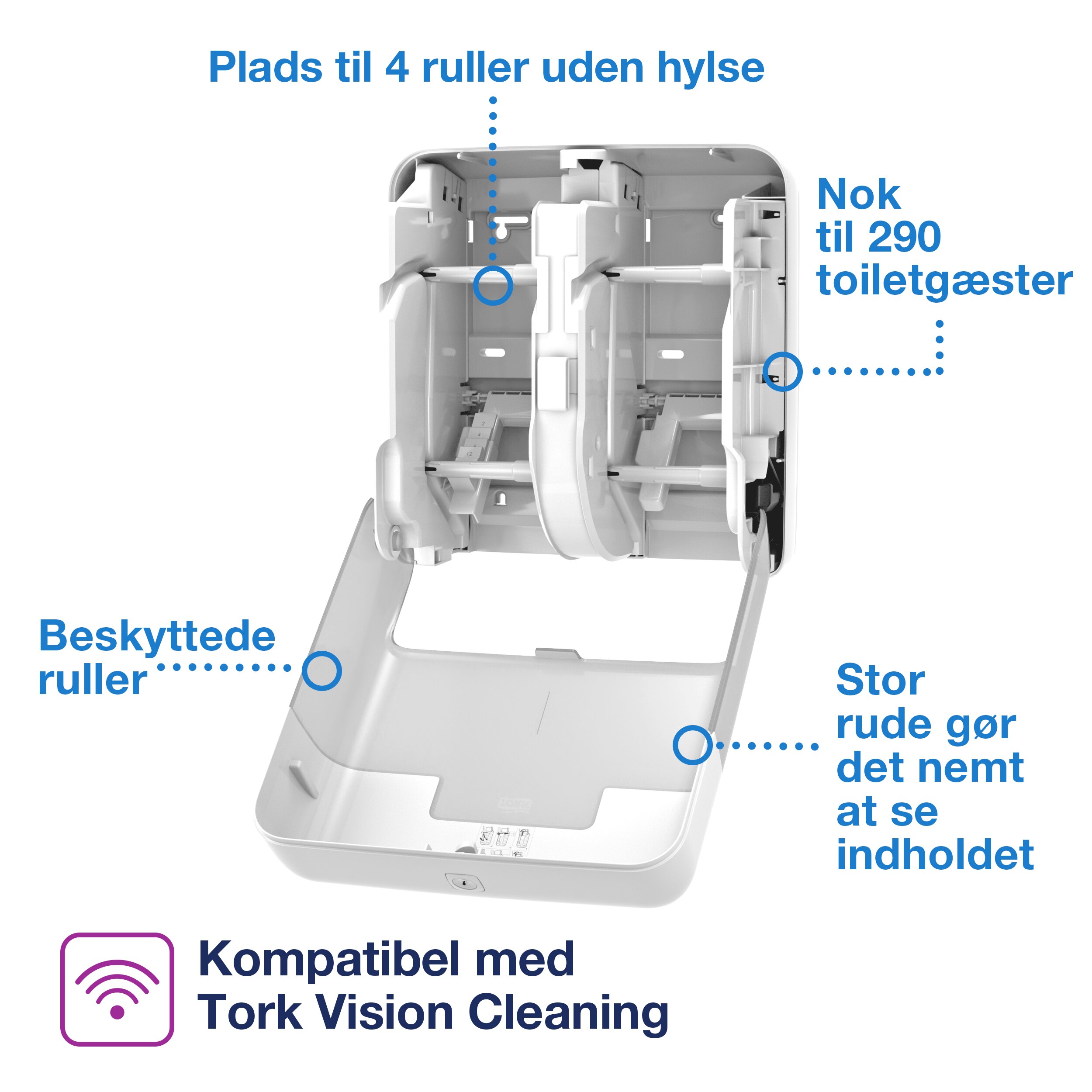 Toiletpapirdispenser, Til 4 ruller uden hylse, Udvendig oprulning, Hvid, Tork OptiServe T7