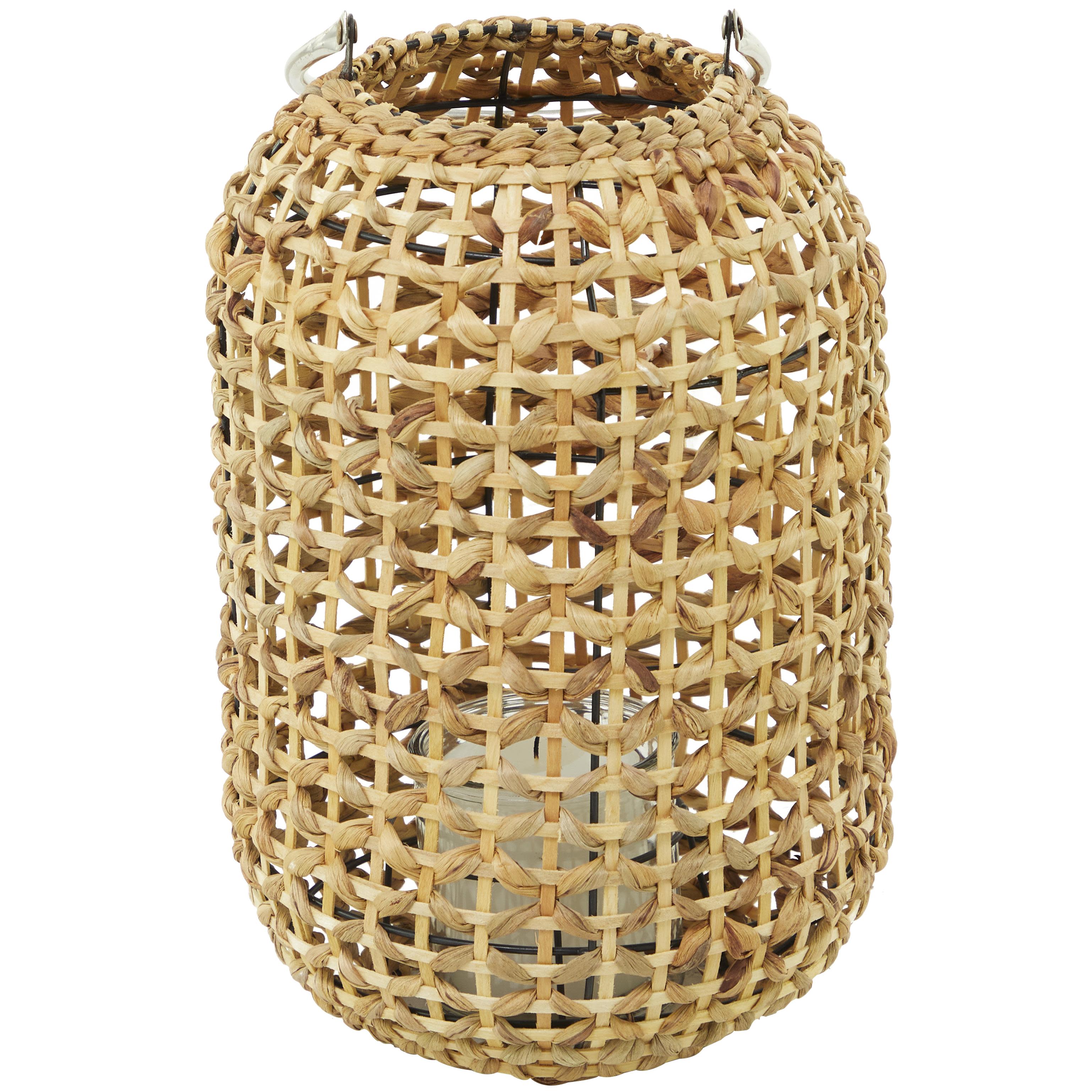 The Novogratz Brown Metal  Handmade Decorative Indoor Outdoor Candle Lantern with Glass Holder and Handle, 10" x 10" x 15"