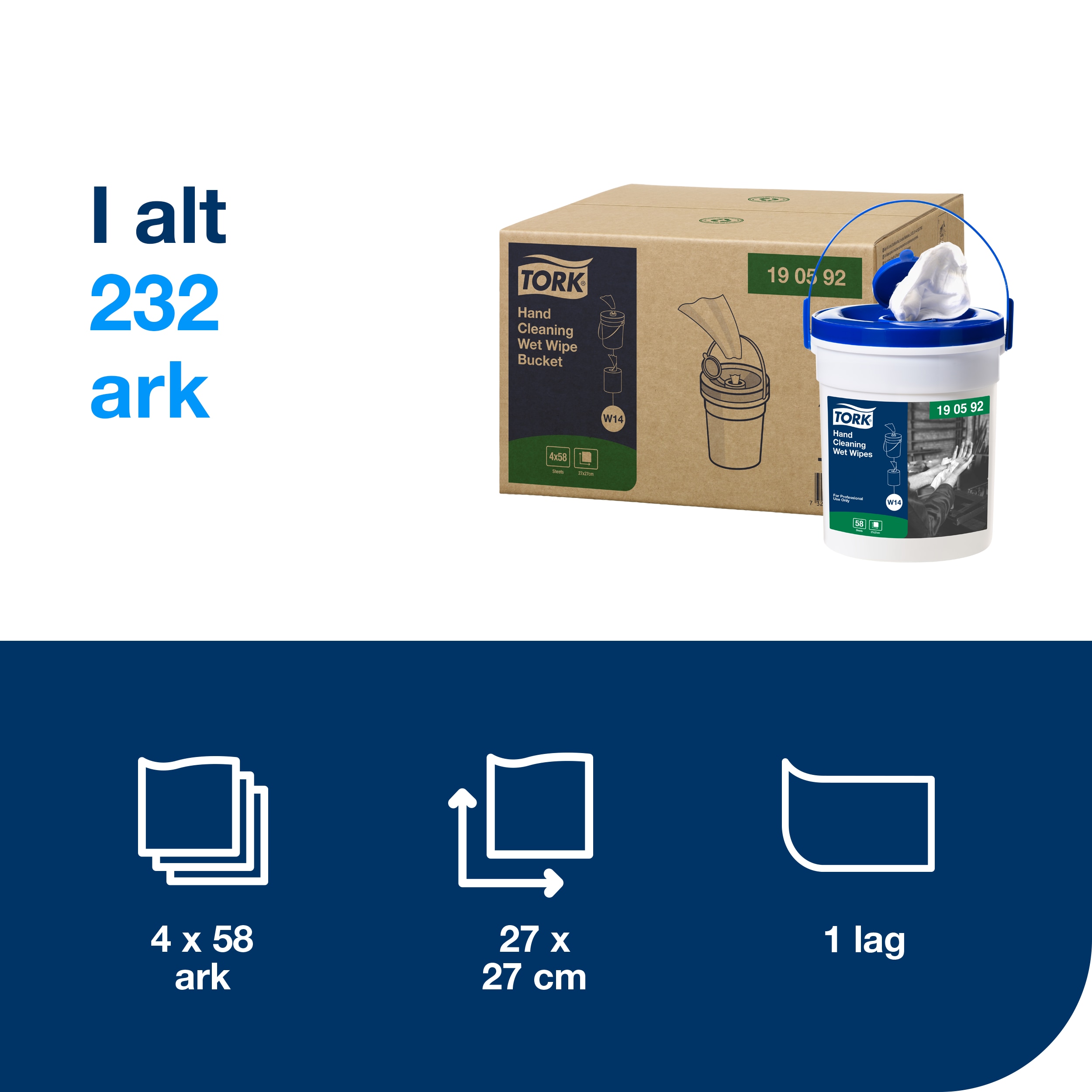 Renseserviet, Hænder, 58 ark pr spand, 4 spande, Tork Premium Wet Wipe W14