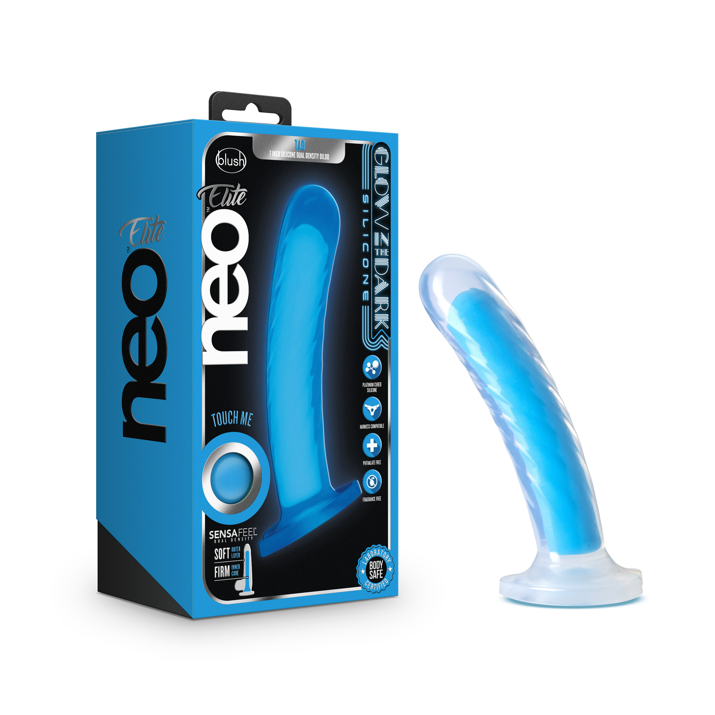 Blush Neo Elite? / Tao Glow In The Dark Neon Blue: 7-Inch Long Dildo - Made with Purio? Silicone & SensaFeel? Dual Density Realistic Technology