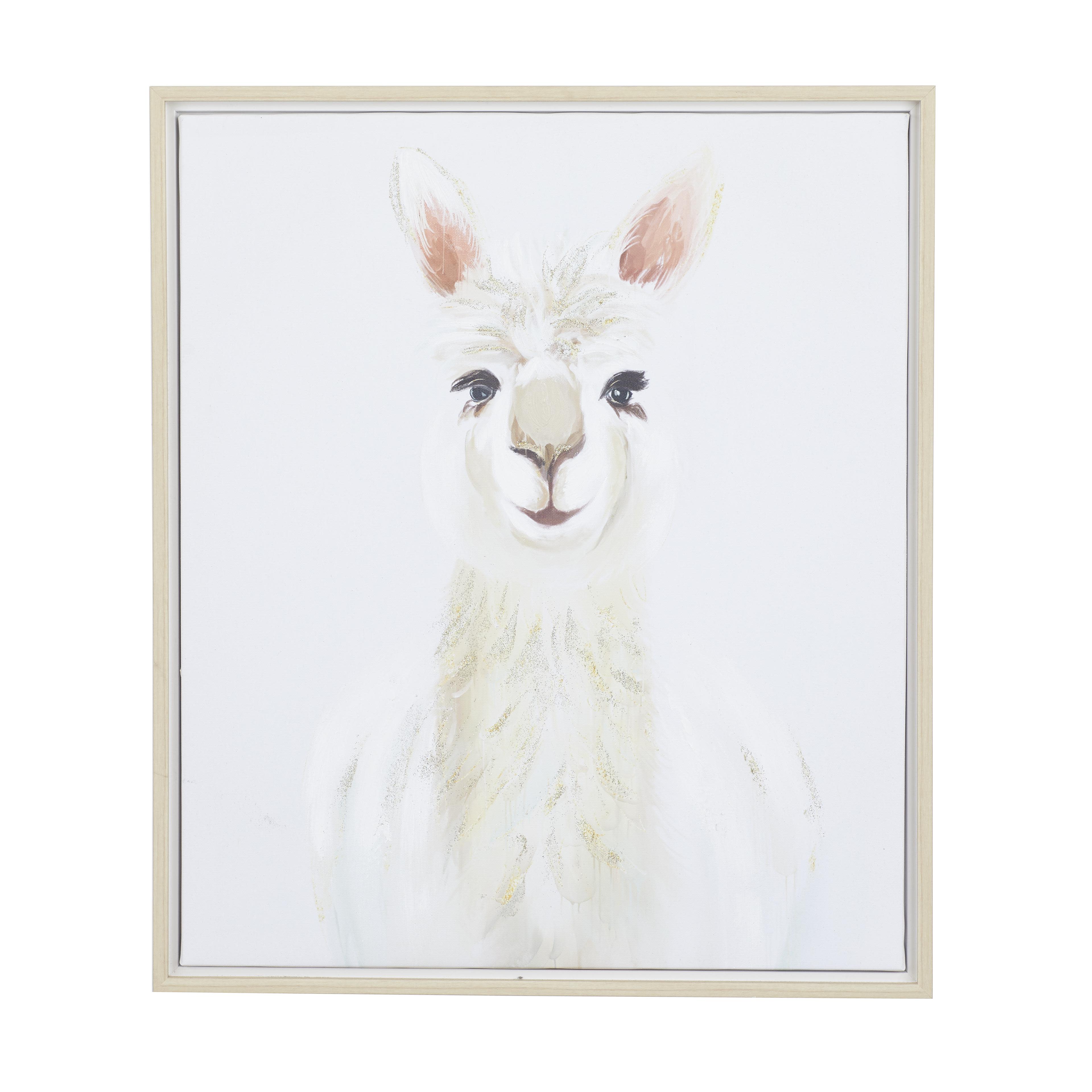 CosmoLiving by Cosmopolitan White Canvas Llama Living Room Framed Wall Art with Brown Frame, 24" x 1" x 28"