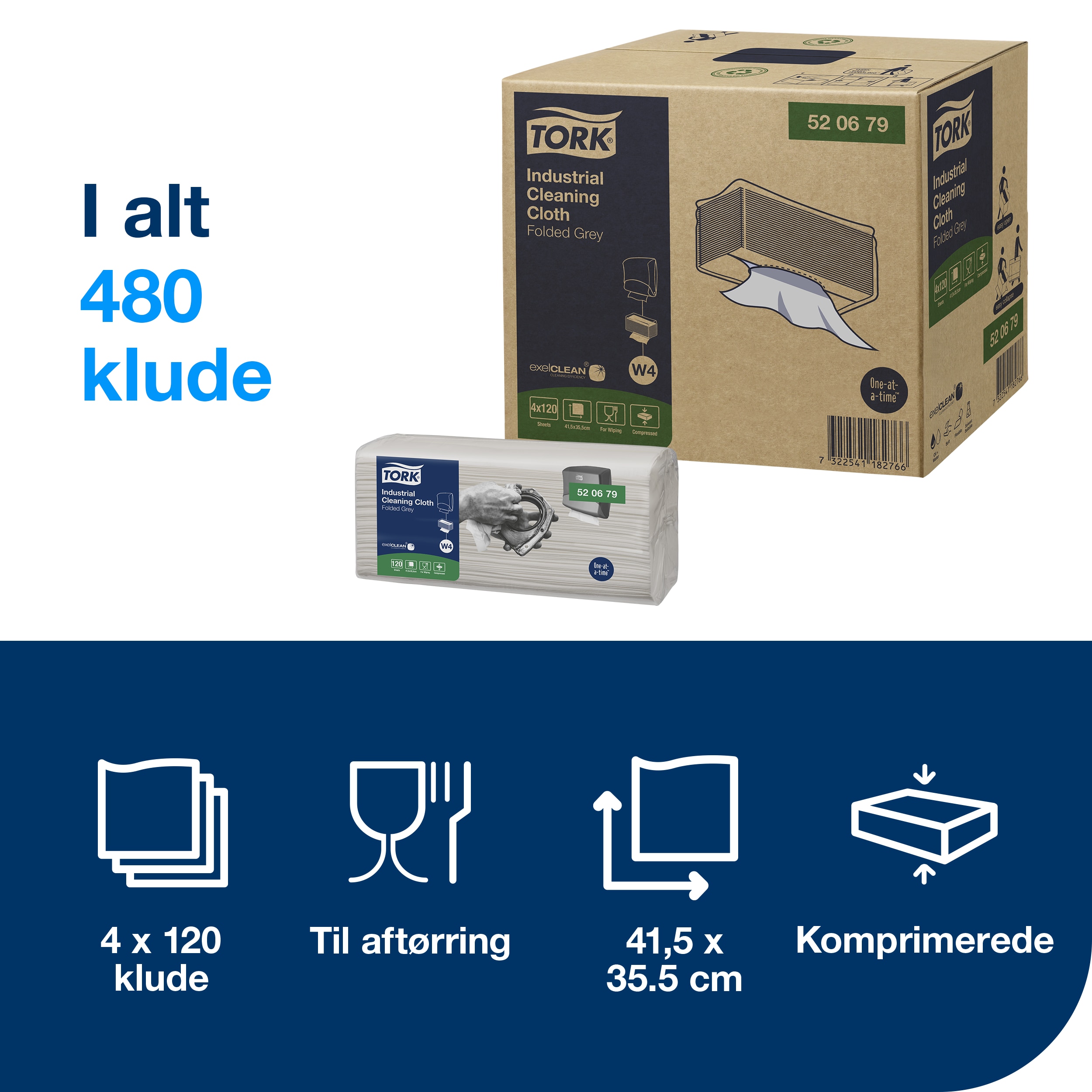 Aftørringsklud, Industri, Grå, 480 klude, Tork W4