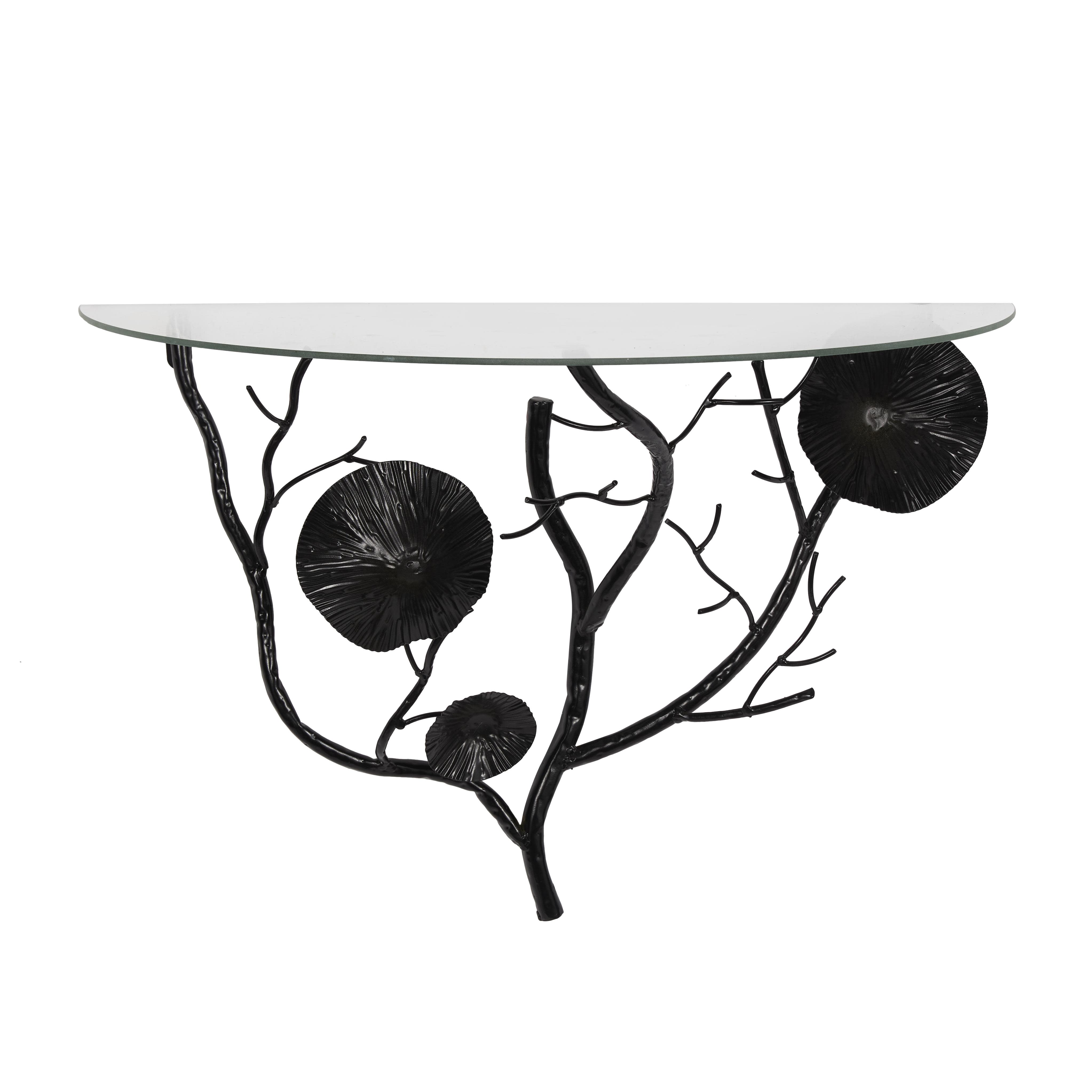 Black Metal Floral Branch Room Wall Shelf with Glass Top, 24" x 12" x 16"