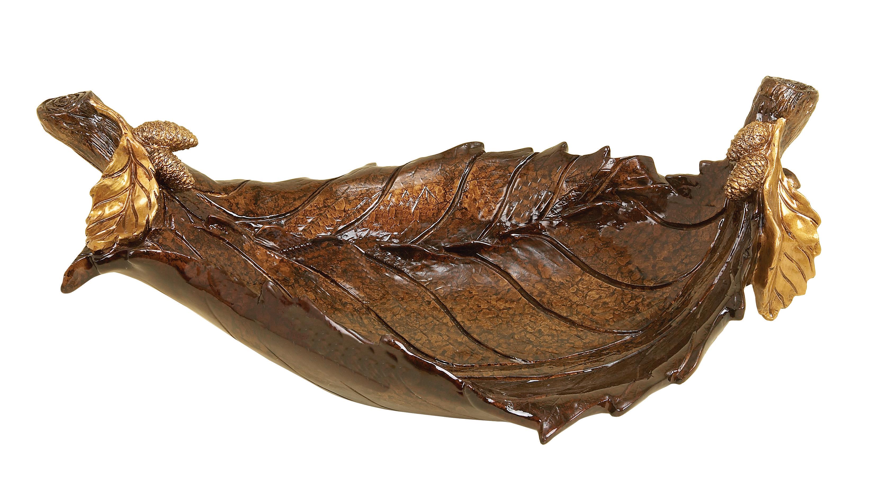 (Box of 2 pieces)Bronze Polystone Leaf Intricate Carved Decorative Bowl, 22\" x 12\" x 7\"