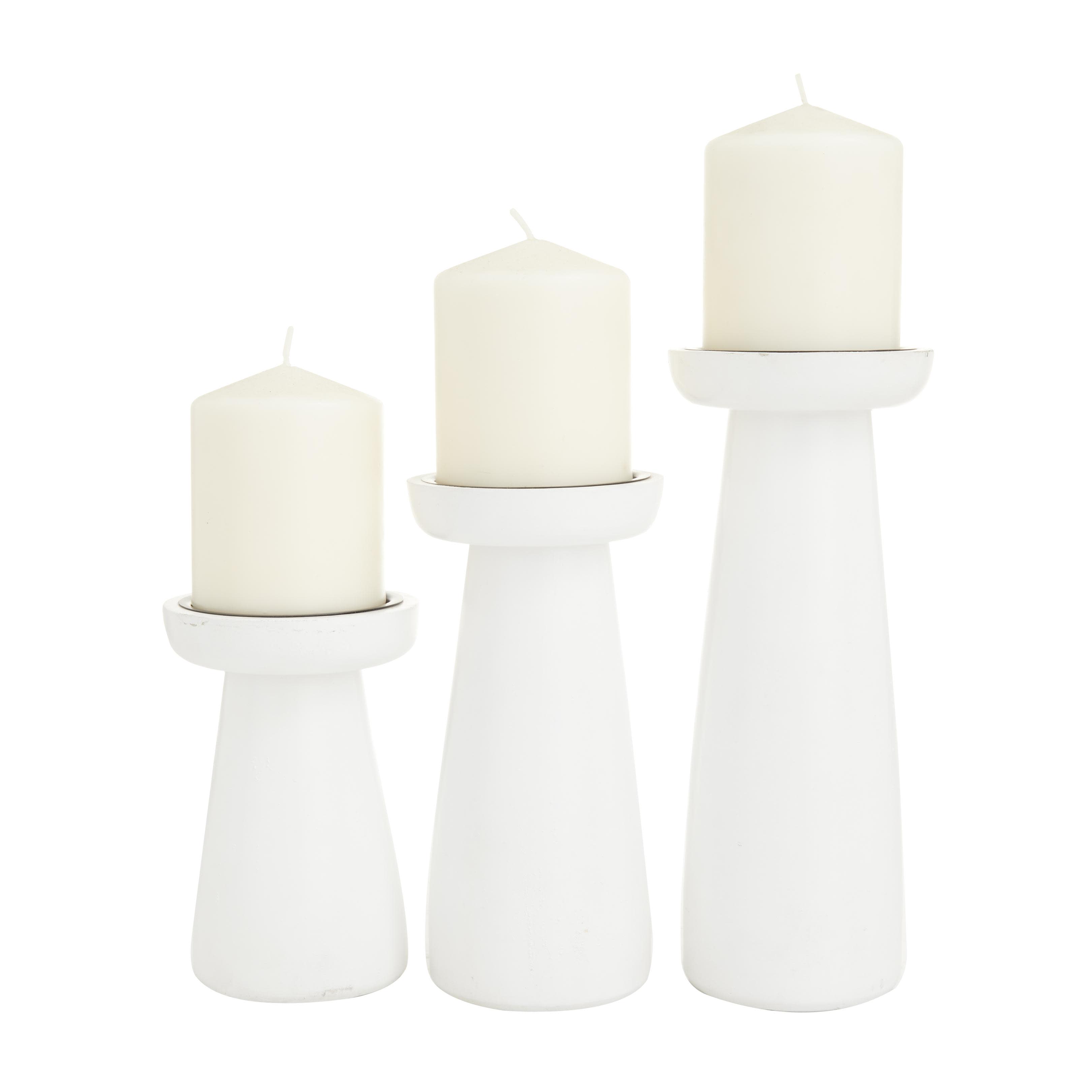 CosmoLiving by Cosmopolitan White Mango Wood  Pillar Decorative Candle Holder, Set of 3 10", 8", 6"H