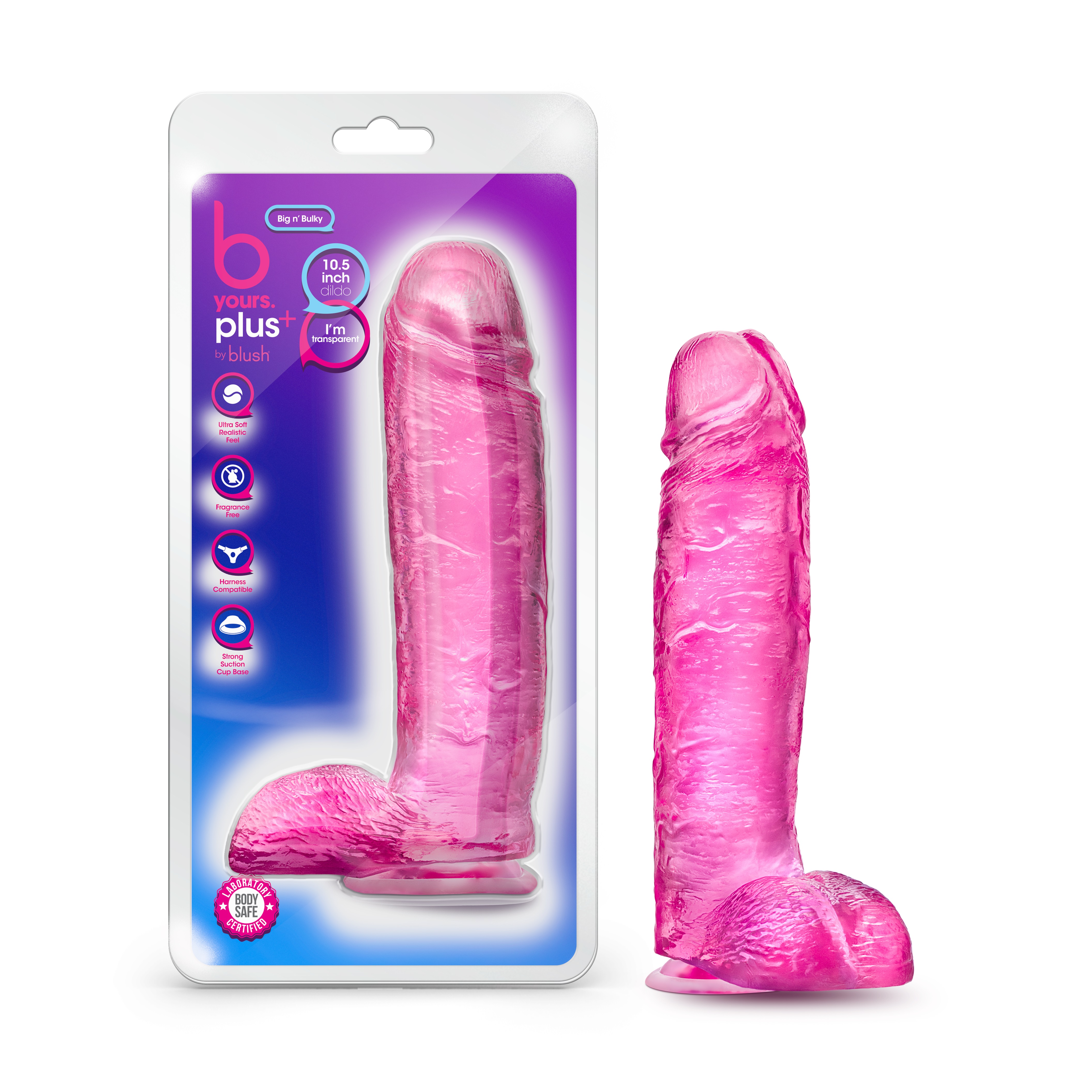 Blush B Yours Plus Big N? Bulky Pink 10.5-Inch Long Dildo With Balls & Suction Cup Base