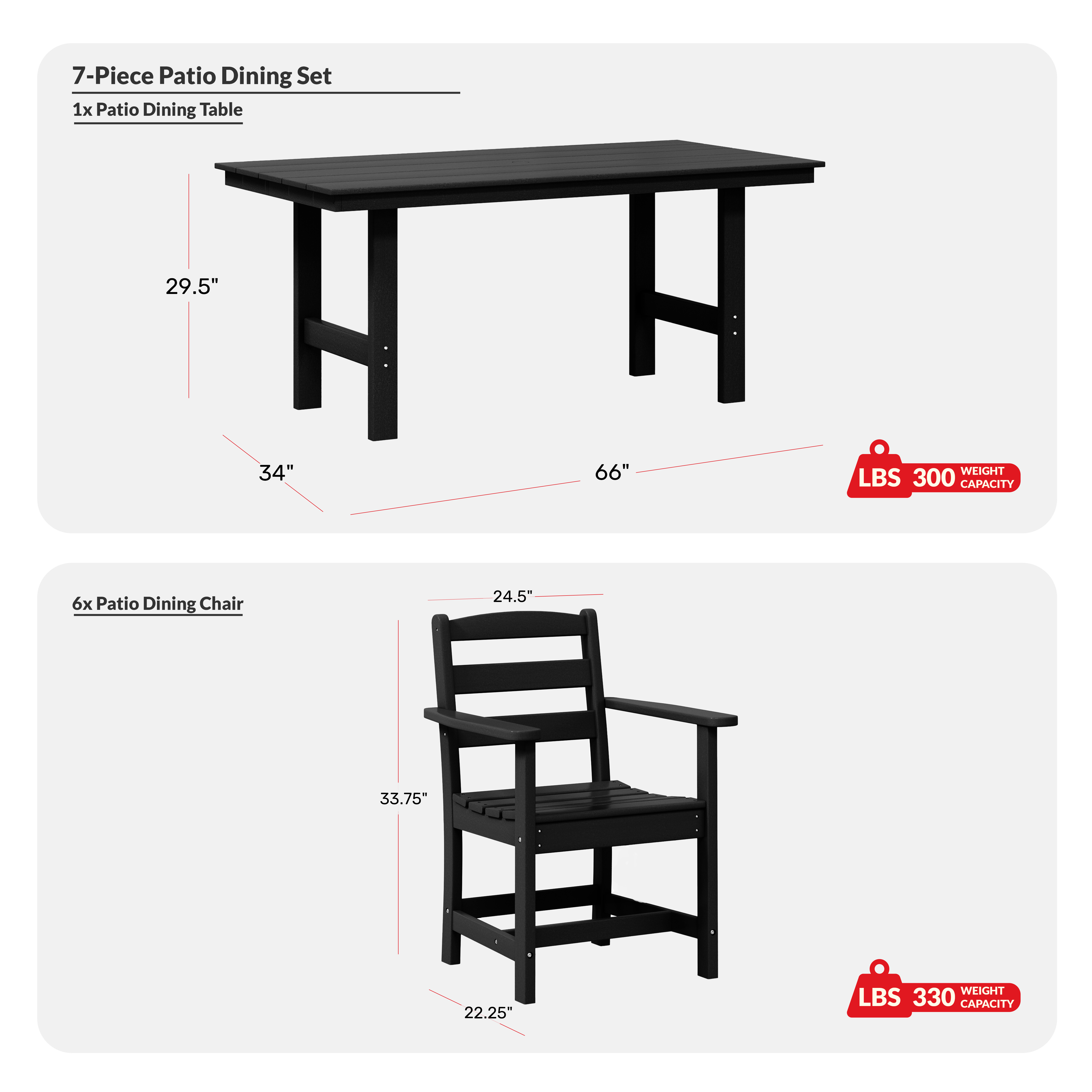 7-Piece HDPE Outdoor Rectangular Patio Dining Table SetCOS Spec Image