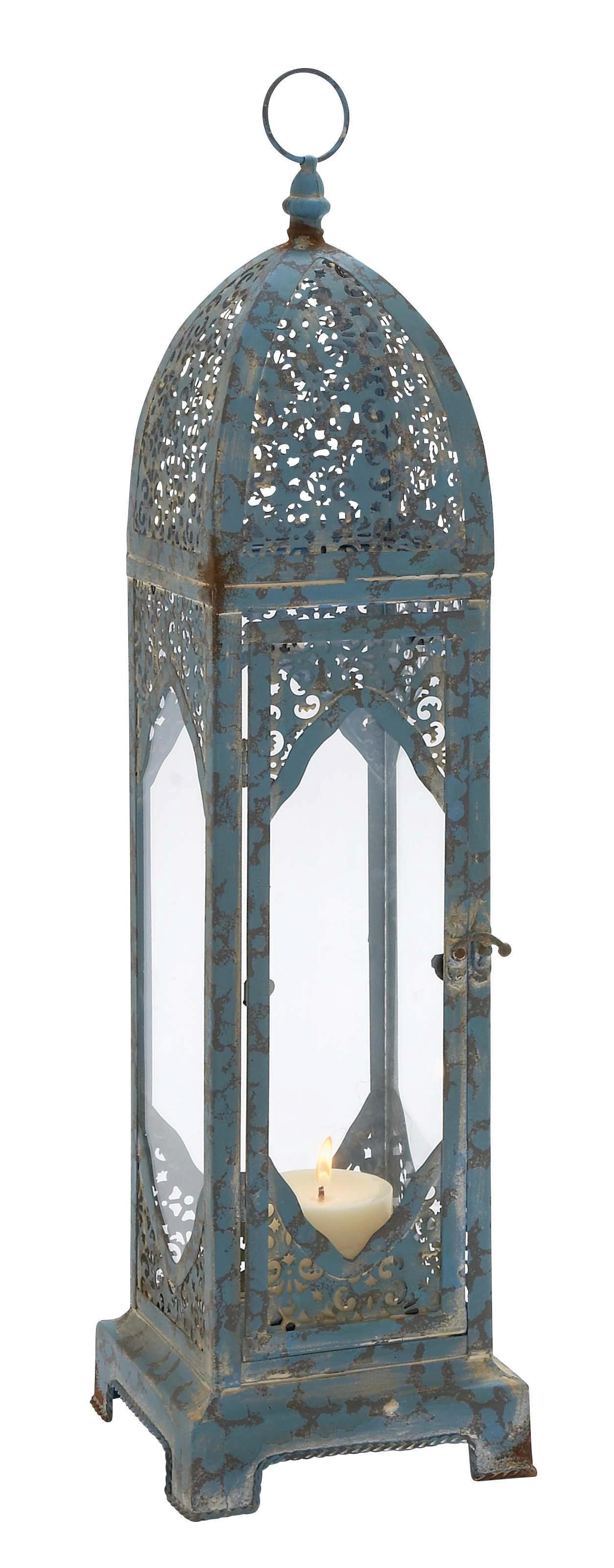 Blue Metal  Candle Lantern, 7" x 7" x 27"