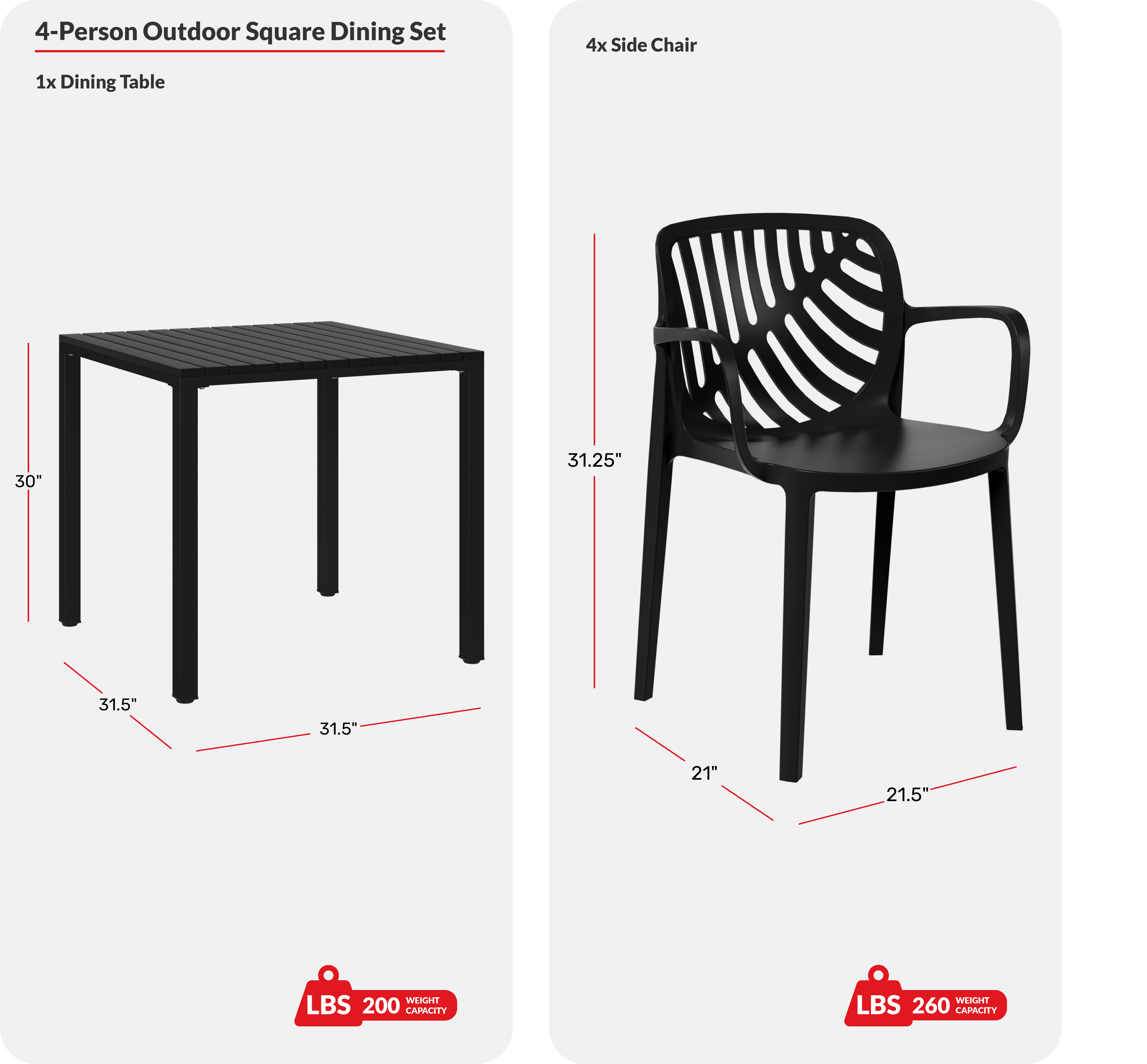 5-Piece Outdoor Square Dining Table Patio Set with Stackable Patio Dining ChairsCOS Spec Image