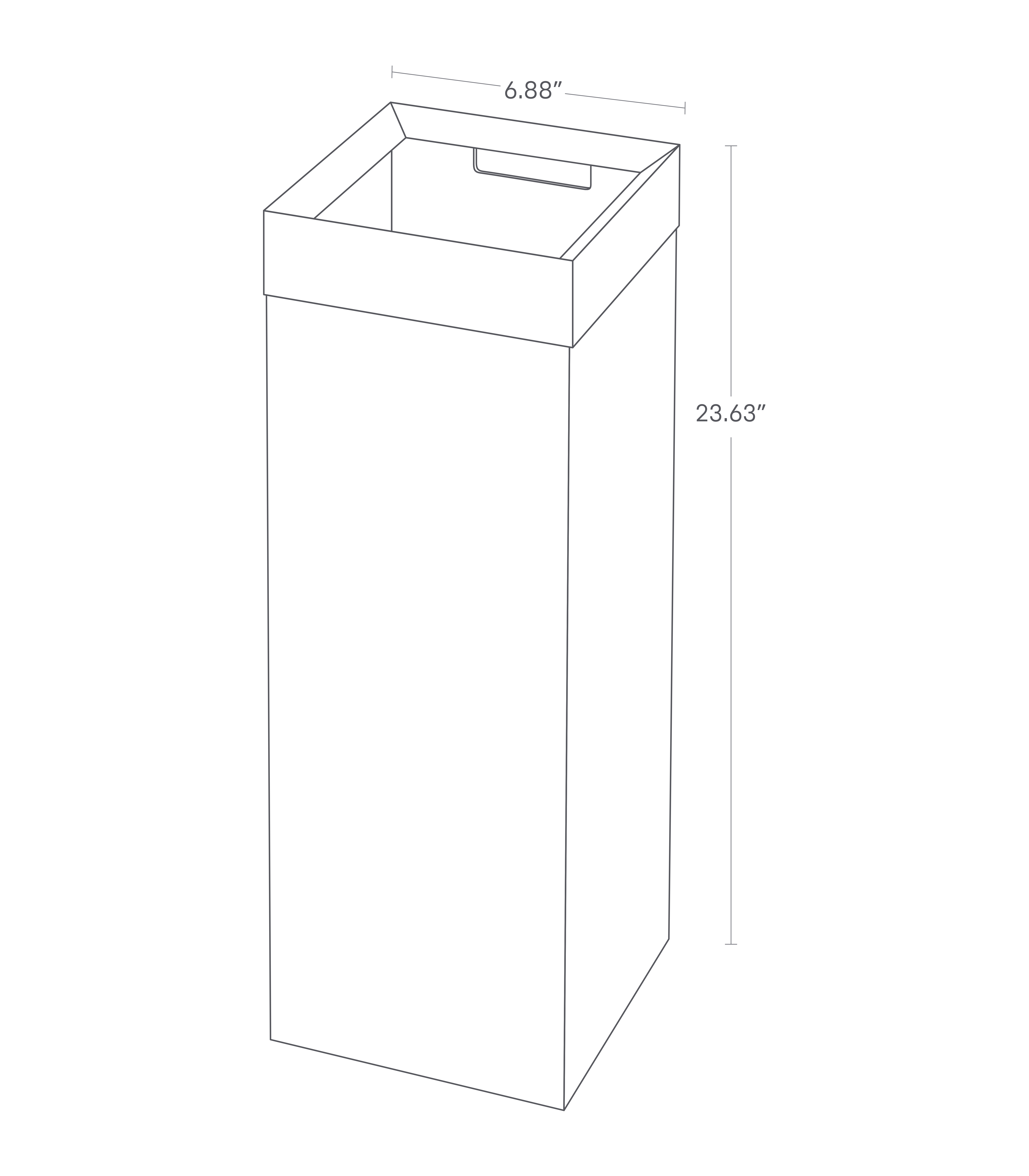 Dimension image for Trash Can showing a total height of 23.63" and equal length/height of 8.9".