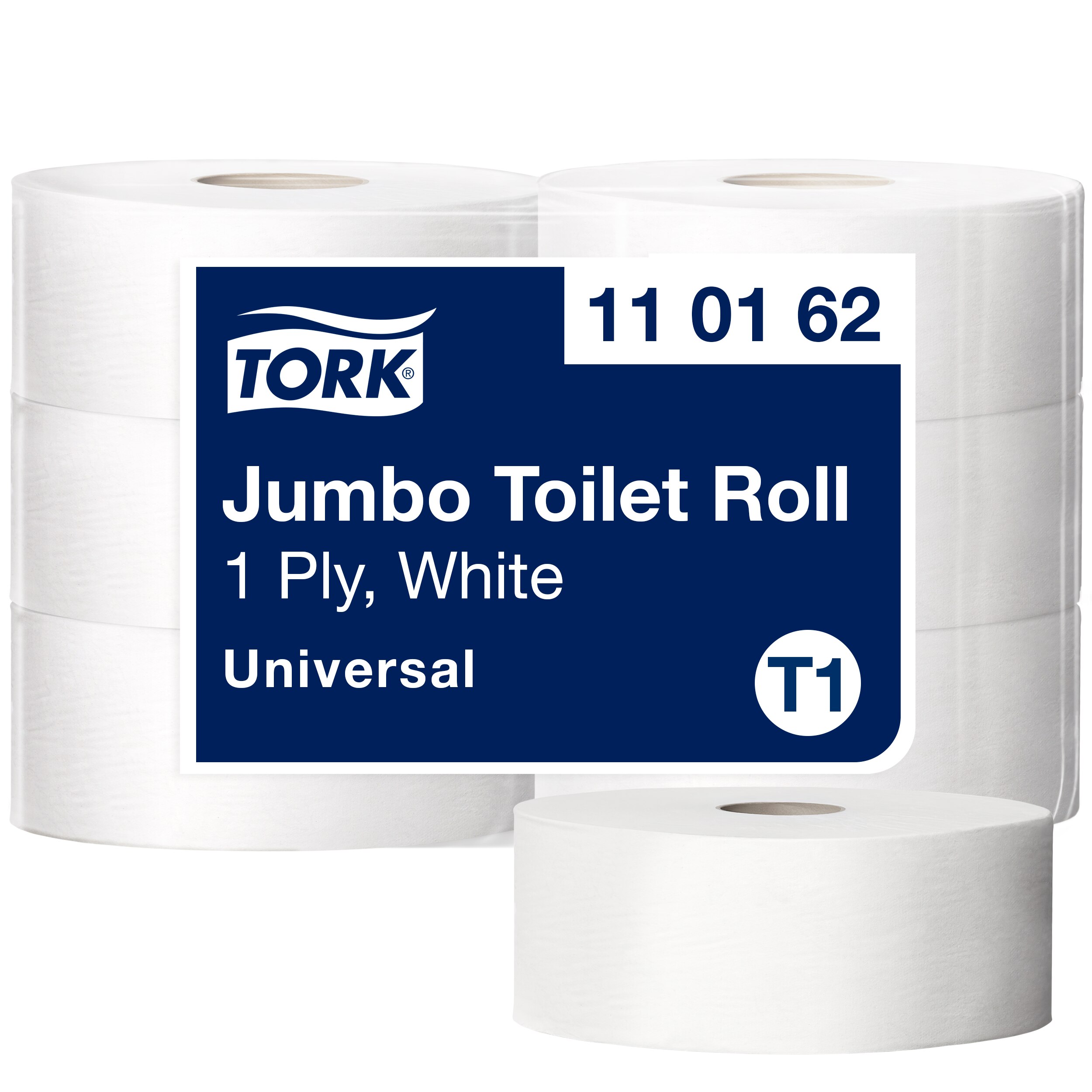 Toiletpapir, Udvendig oprulning, 1 lag, 6 ruller, Tork Jumbo Midi Universal T1