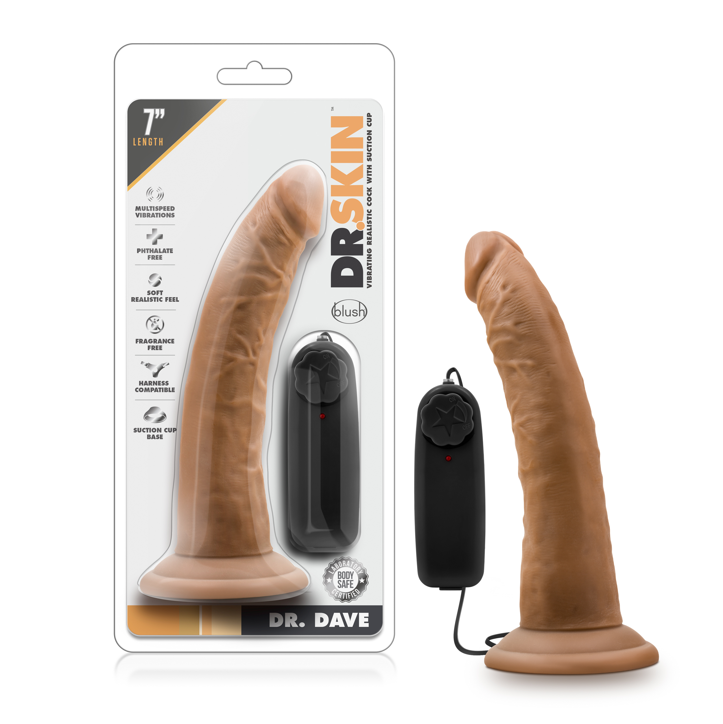 Blush Dr. Skin Dr. Dave Realistic Mocha 7.5-Inch Long Remote Control Vibrating Dildo With Suction Cup Base