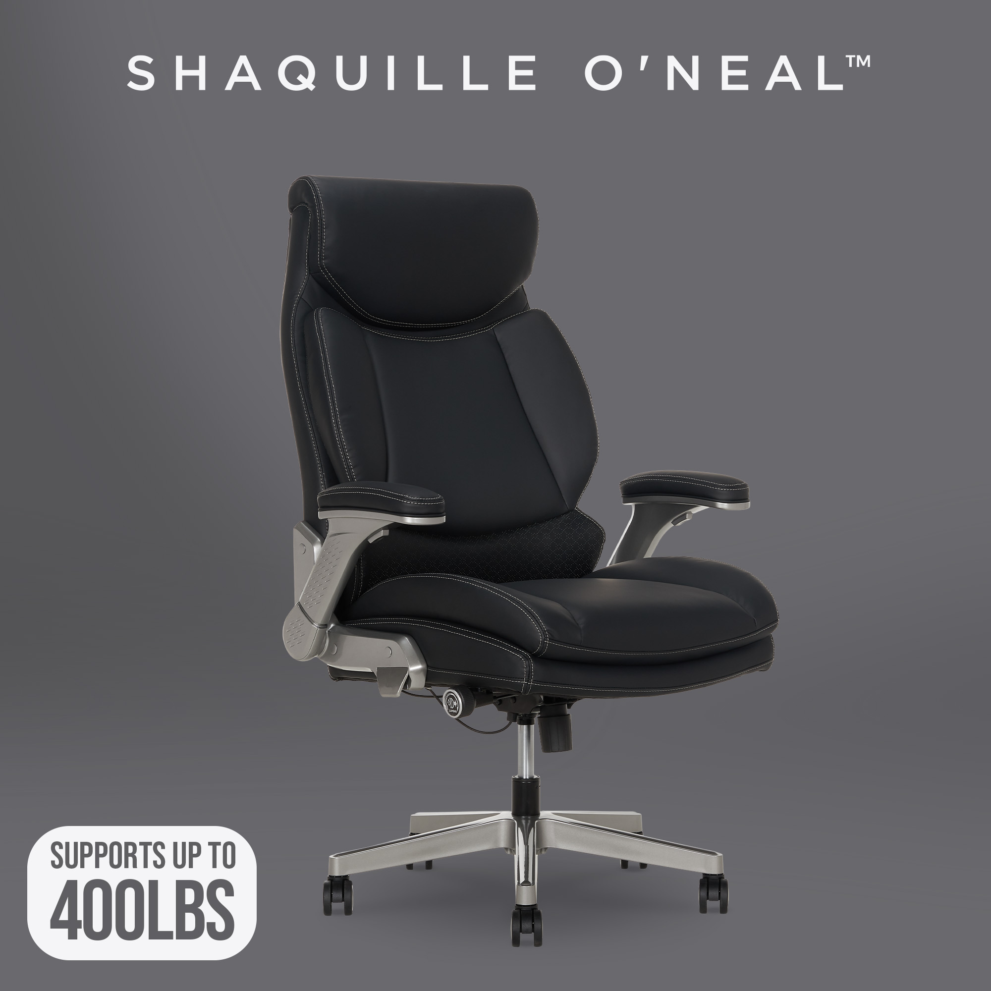 thumbnail video image 3 of Shaq Tarvos Premium Ergonomic Big & Tall Office Chair, PureSoft Upholstery with Height Adjustable and Flip-Up Arms, Black, 3 of 16