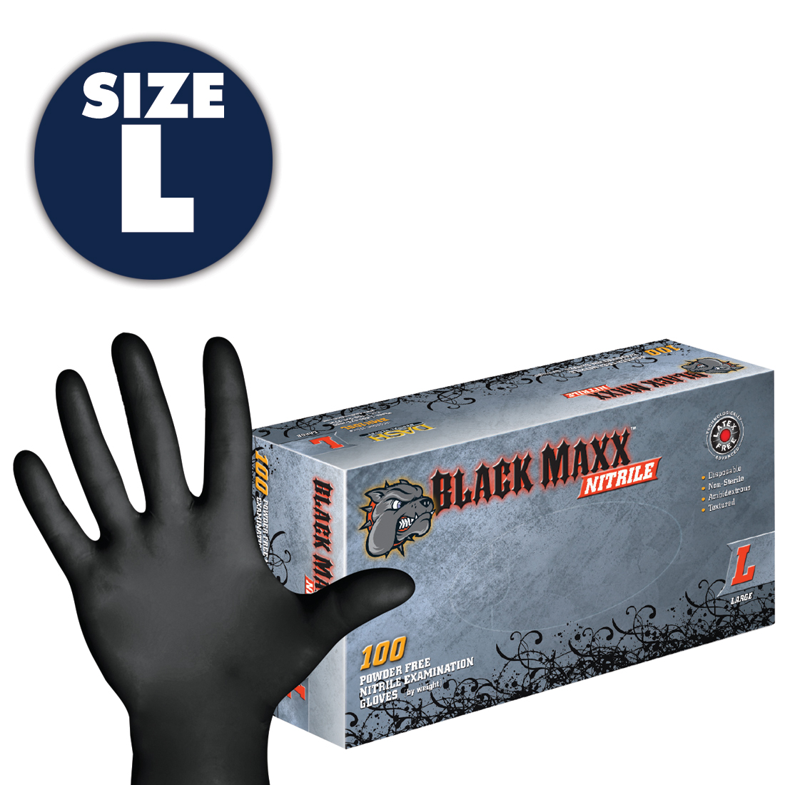 Black Maxx® Nitrile Exam Glove Large, Latex Free, Powder Free- 100/Box
