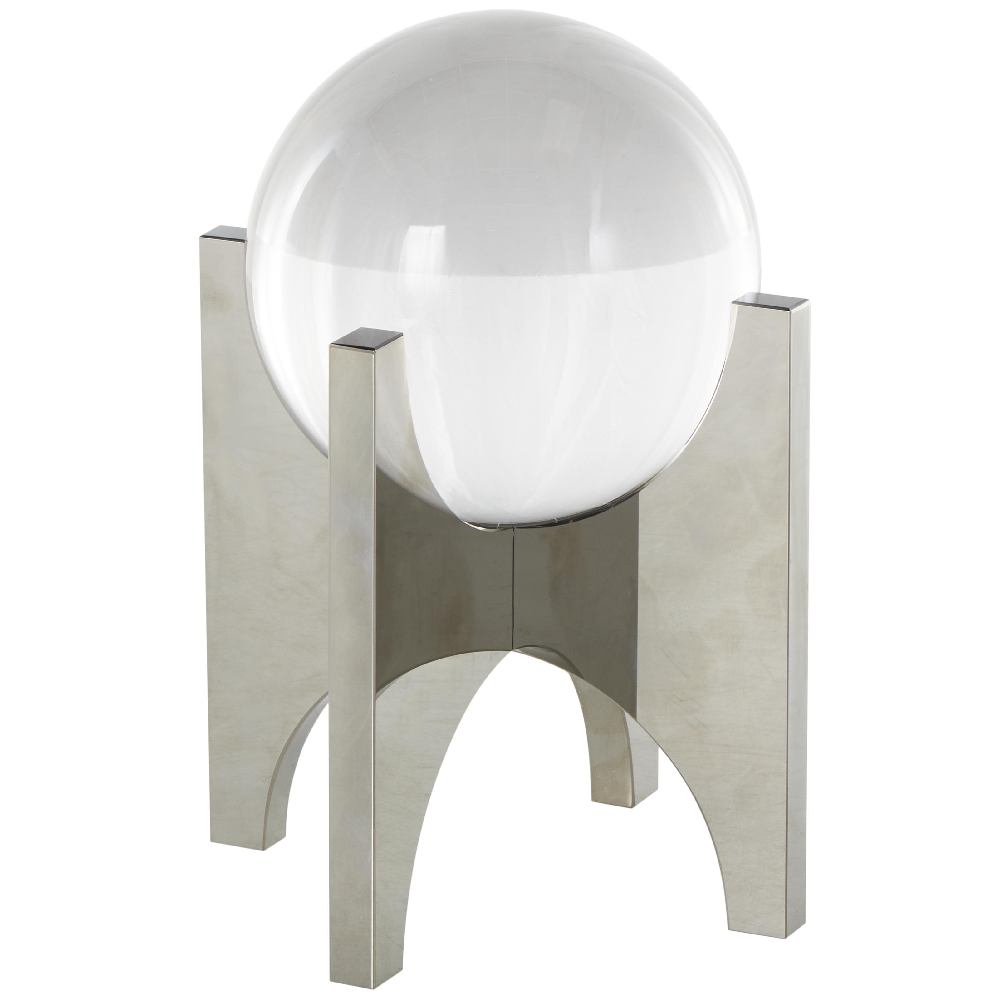 Silver Glass Geometric Orb Decorative Sculpture with Clear Orb and X-Shaped Holder, 5" x 5" x 8"