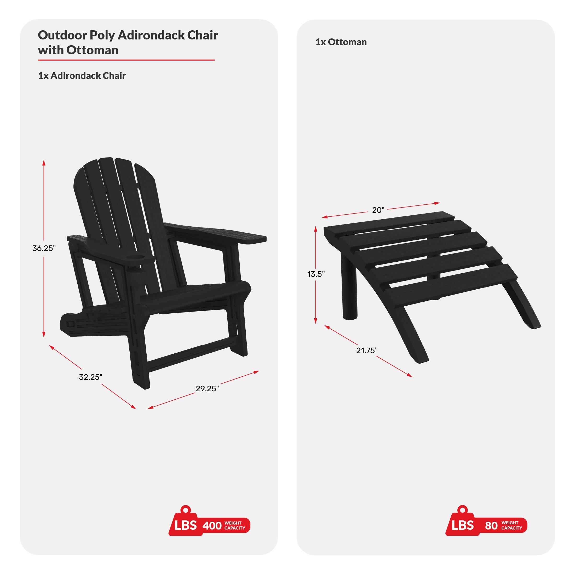 No-Tools Outdoor HDPE Patio Adirondack Chair with Patio Ottoman COS Spec Image