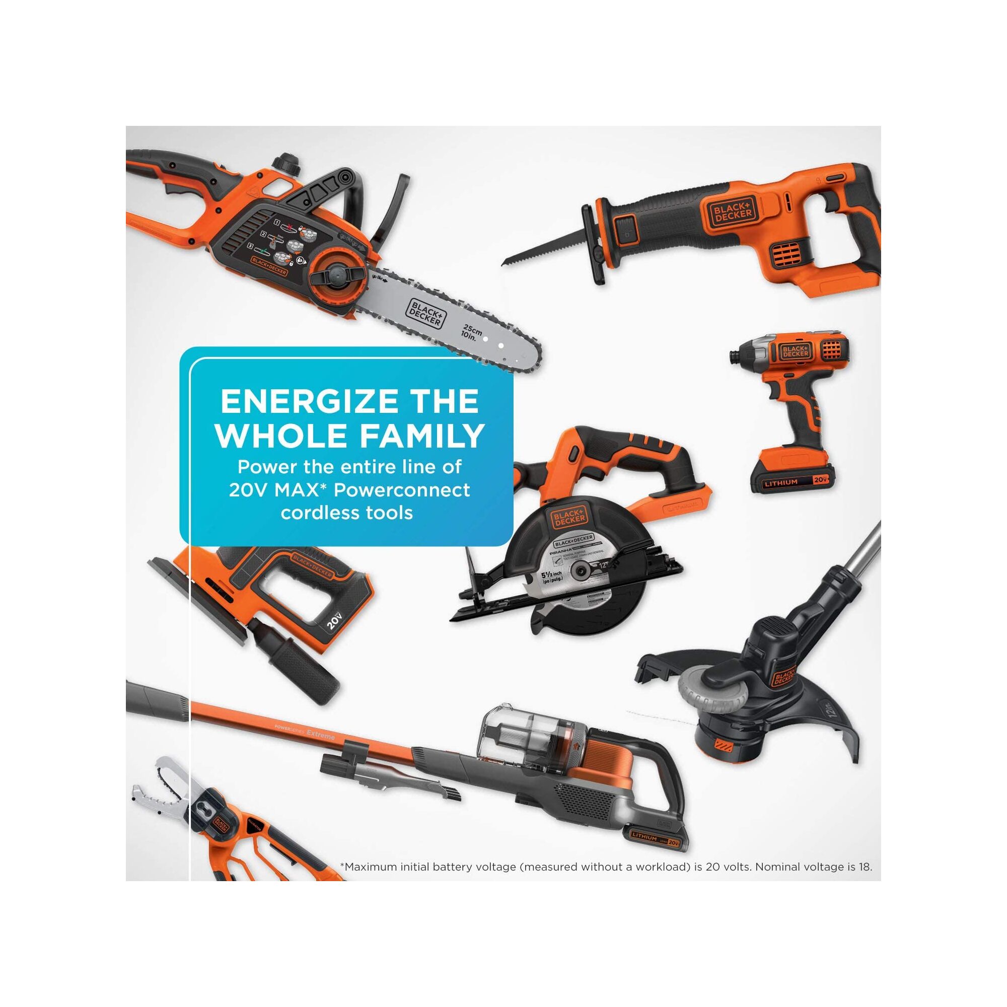 Graphic showing that one Powerconnect battery fits with 9 different tools from chain saw to edger to vacuum cleaner