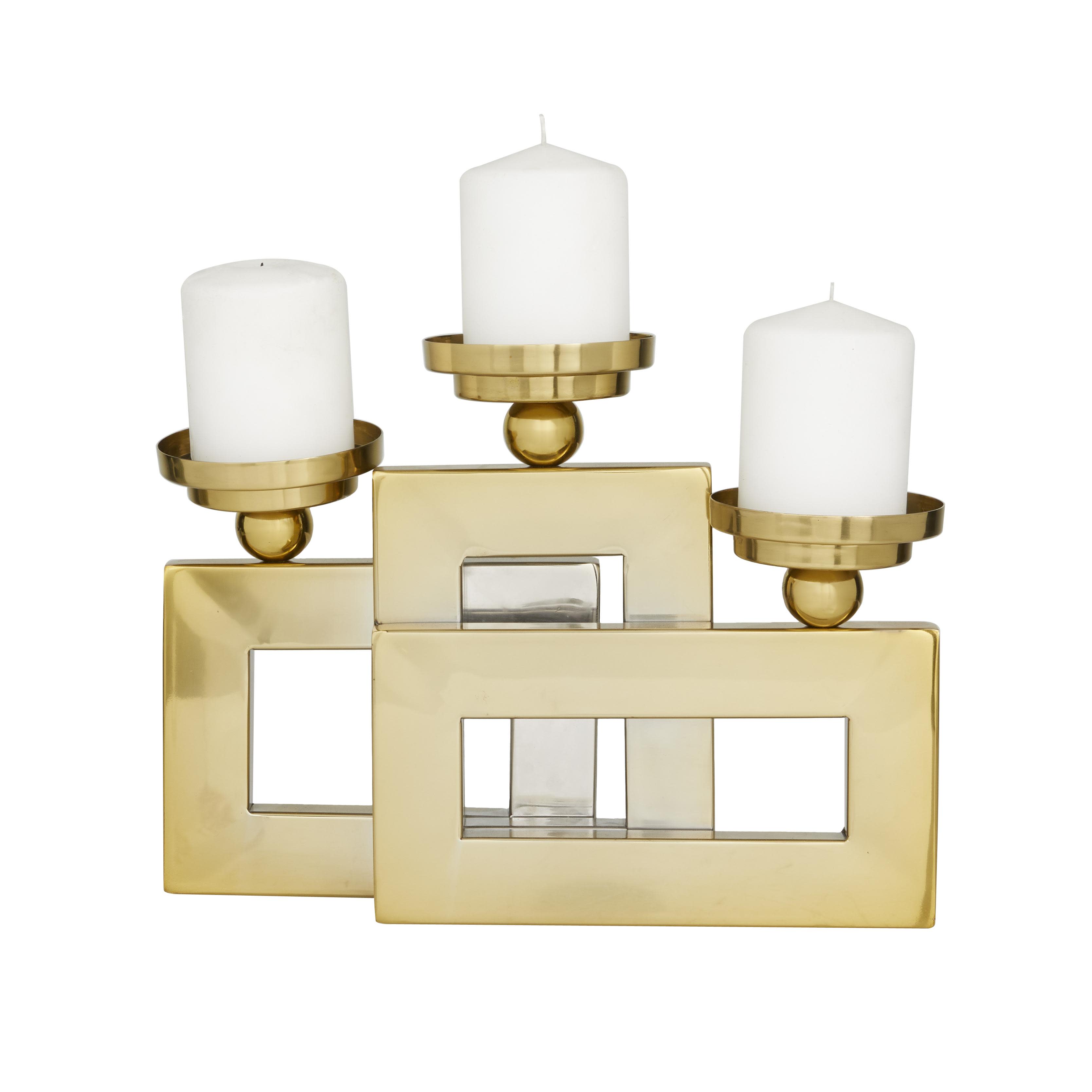 Gold Stainless Steel Metal  Pillar 3 Plate Decorative Candle Holder, 14" x 6" x 10"
