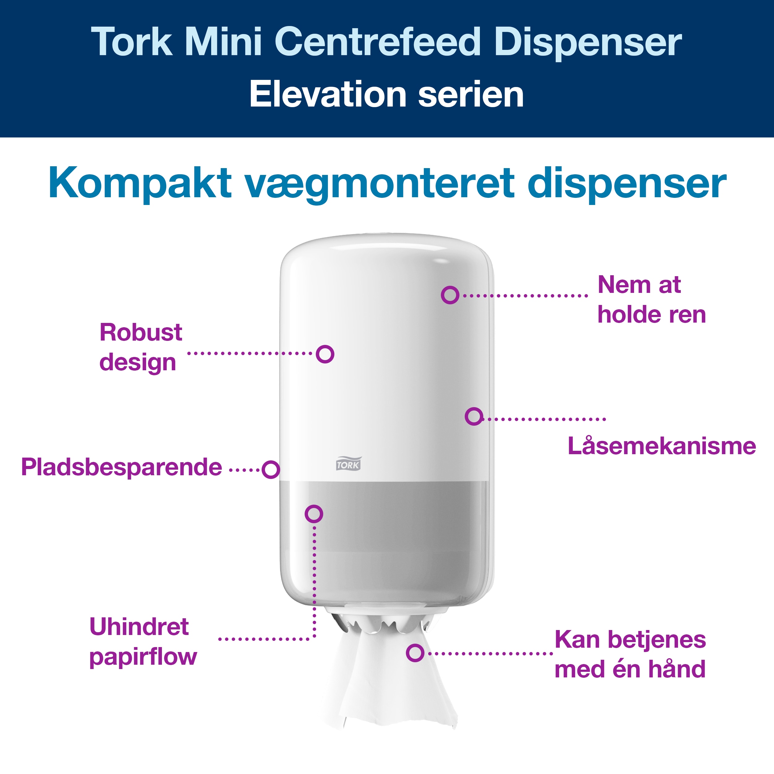 Aftørringsdispenser, Til aftørringsruller, Centerfeed, Hvid, Tork Mini M1